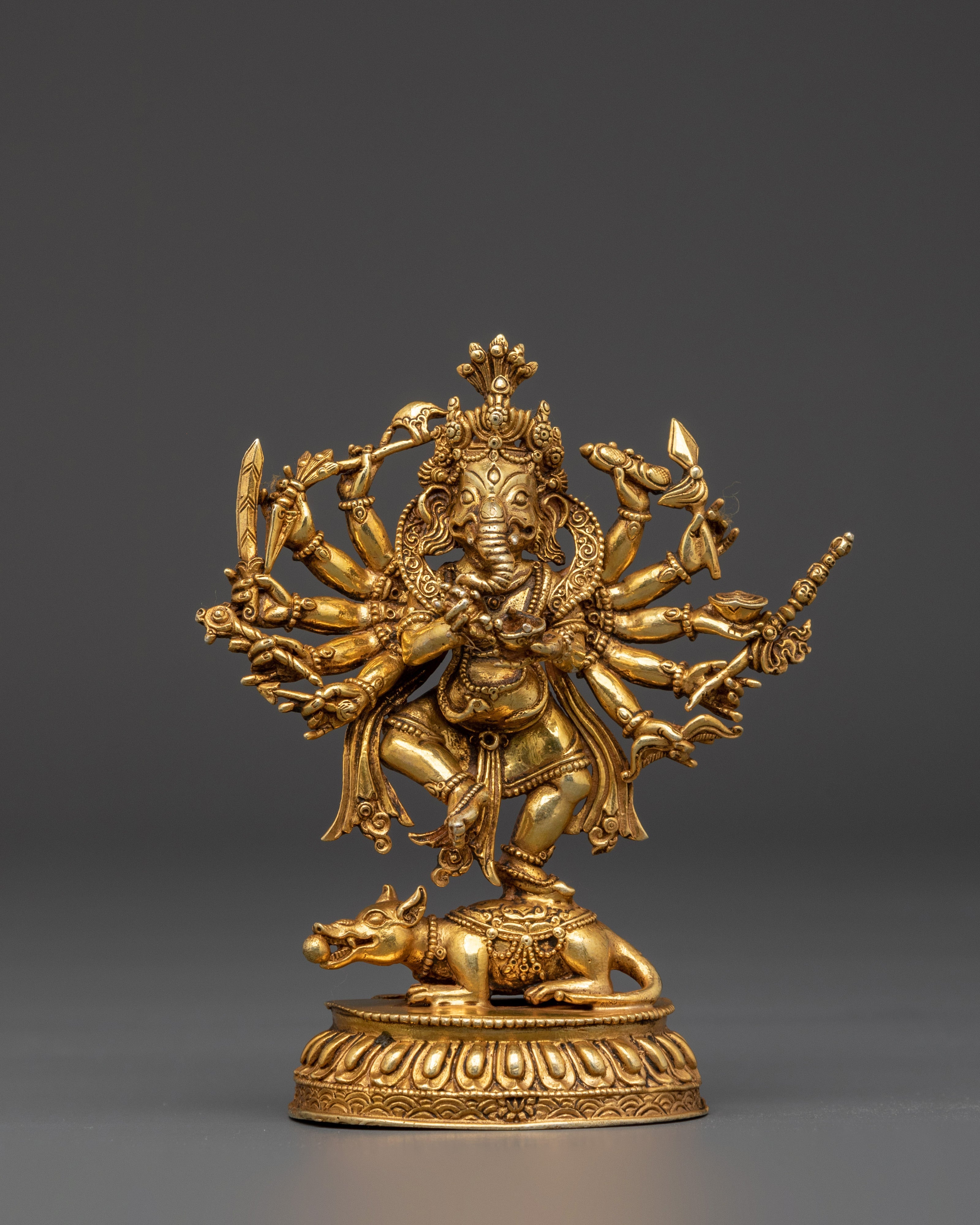 12-Armed Ganesh Gold-Plated Copper Statue | Hindu Deity of Power & Protection