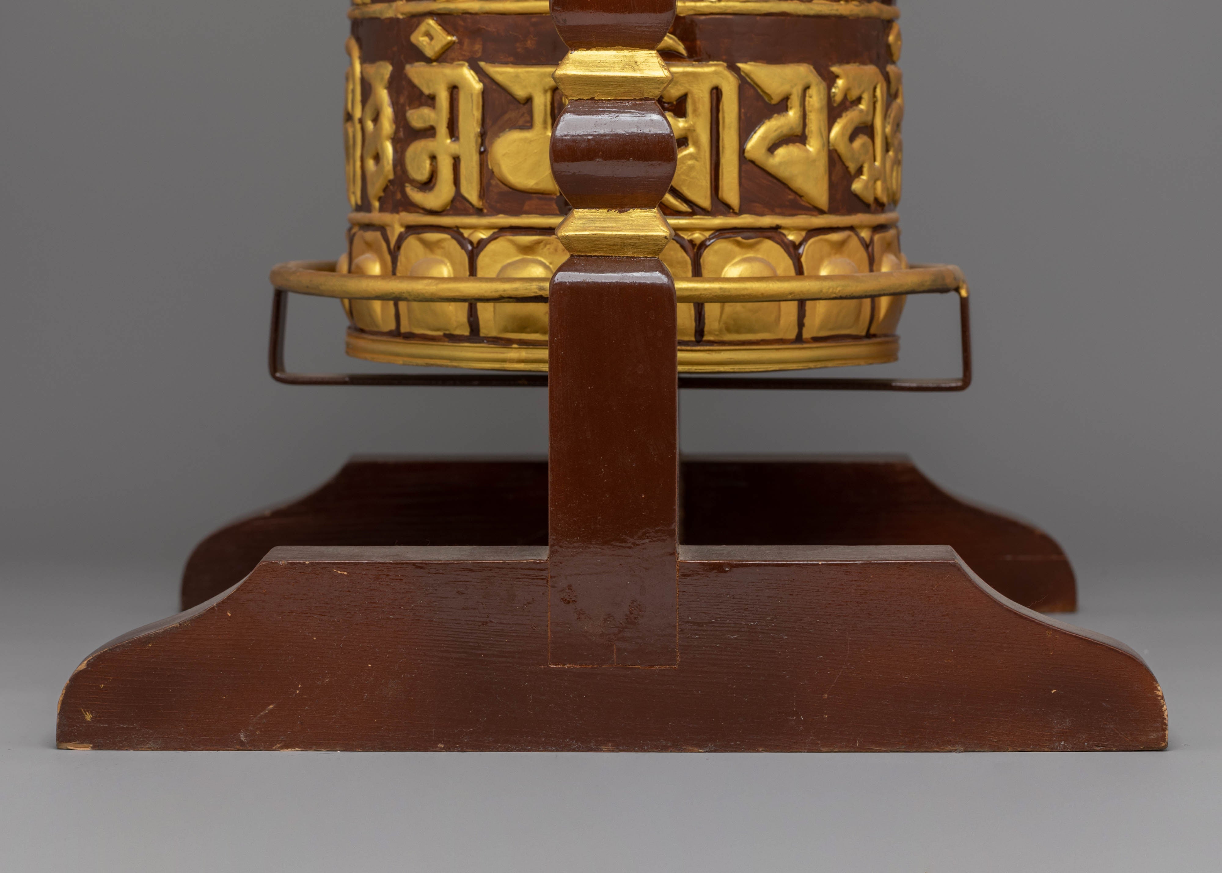 Prayer Wheel: Traditional Ritual Item | Copper Body with Acrylic Colors and Wood Base