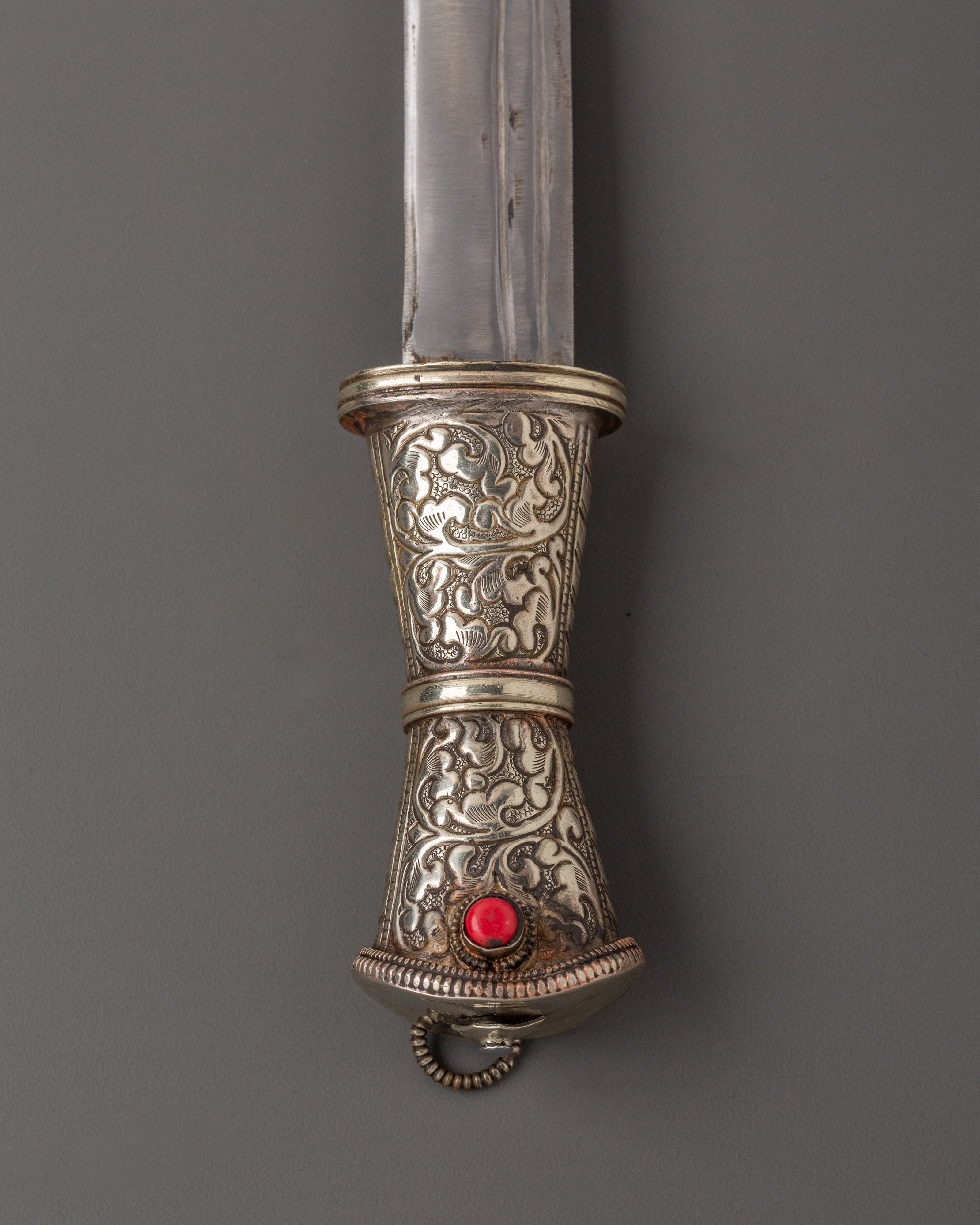 Tibetan Sword with White Metal | Ritual Item with Turquoise and Coral Gems