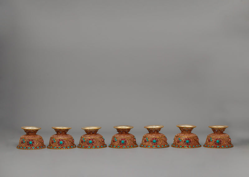 Set of Tibetan Offering Bowls | Turquoise & Coral Filigree Work for Altar Décor