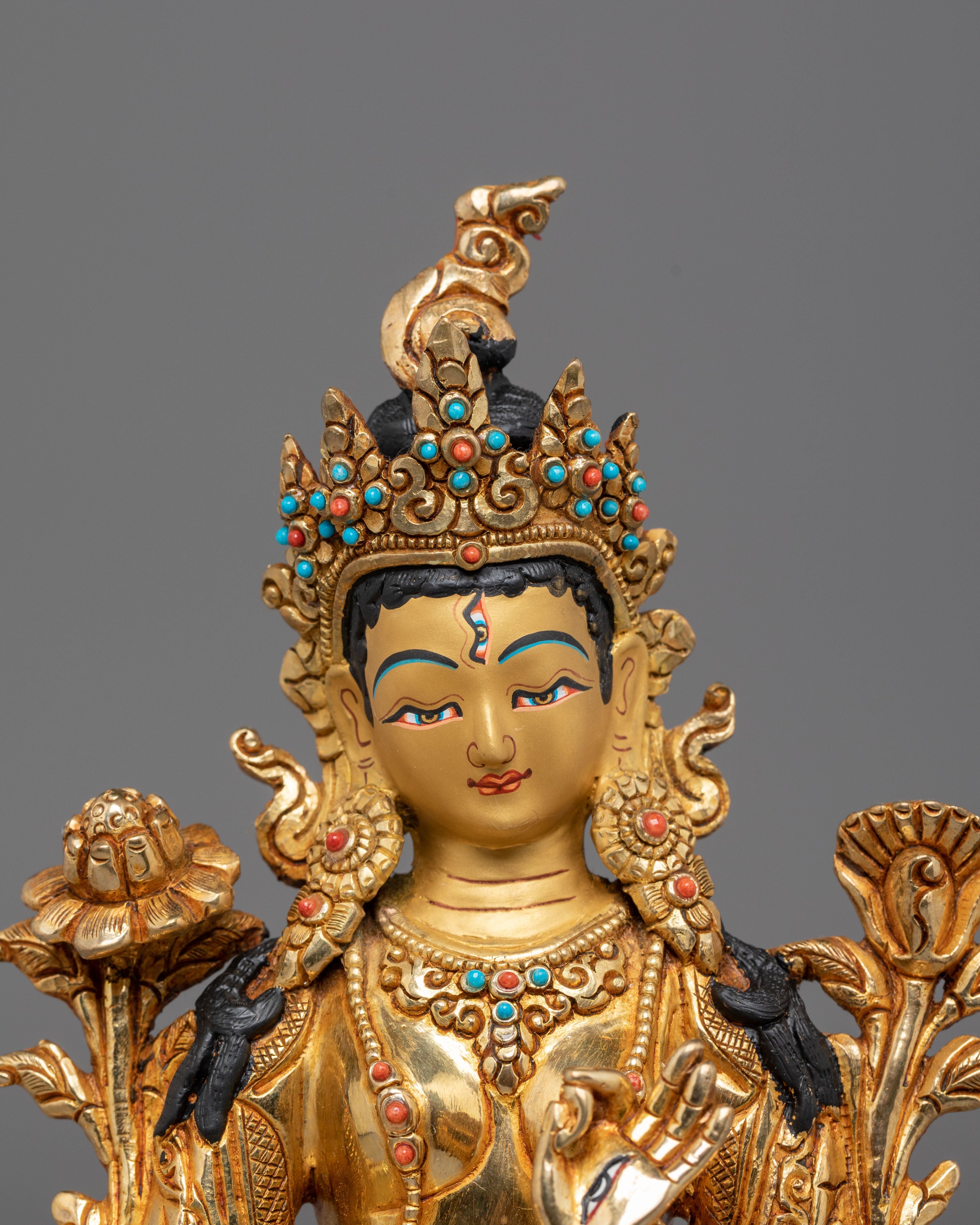 Statue of Sita Tara | Gold Plated Copper Sculpture with Coral and Turquoise