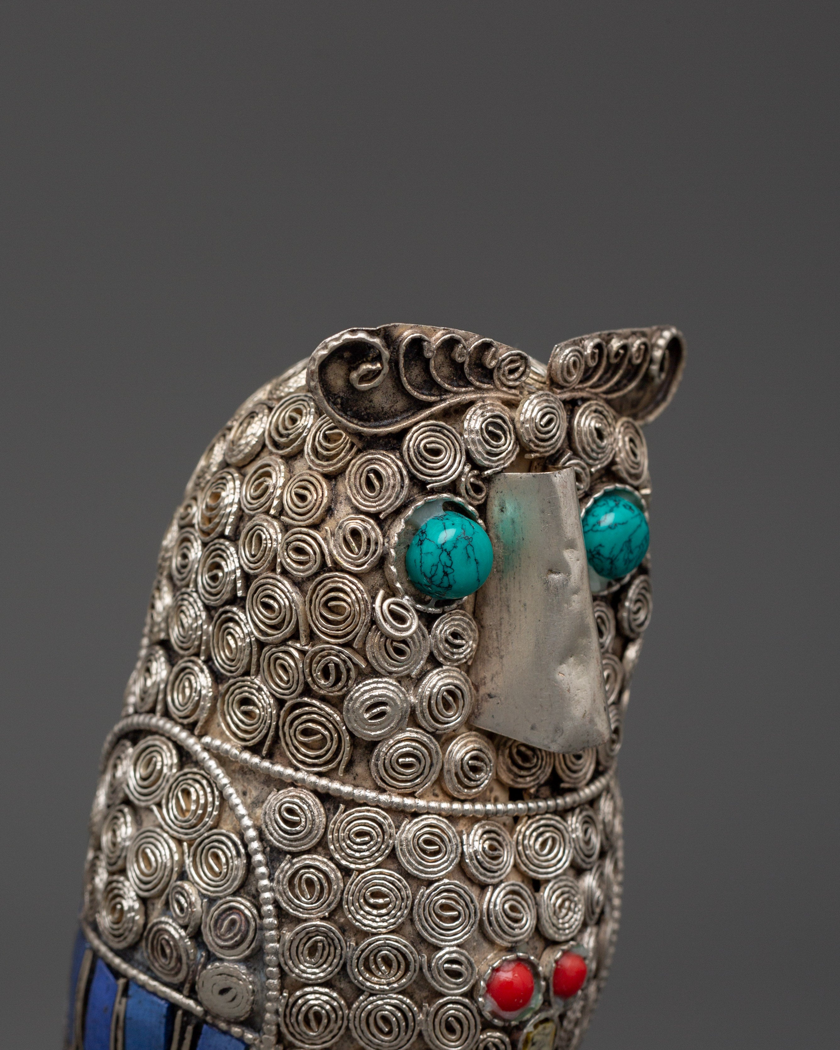 Handmade White Metal Owl Set | With Coral & Turquoise Stones