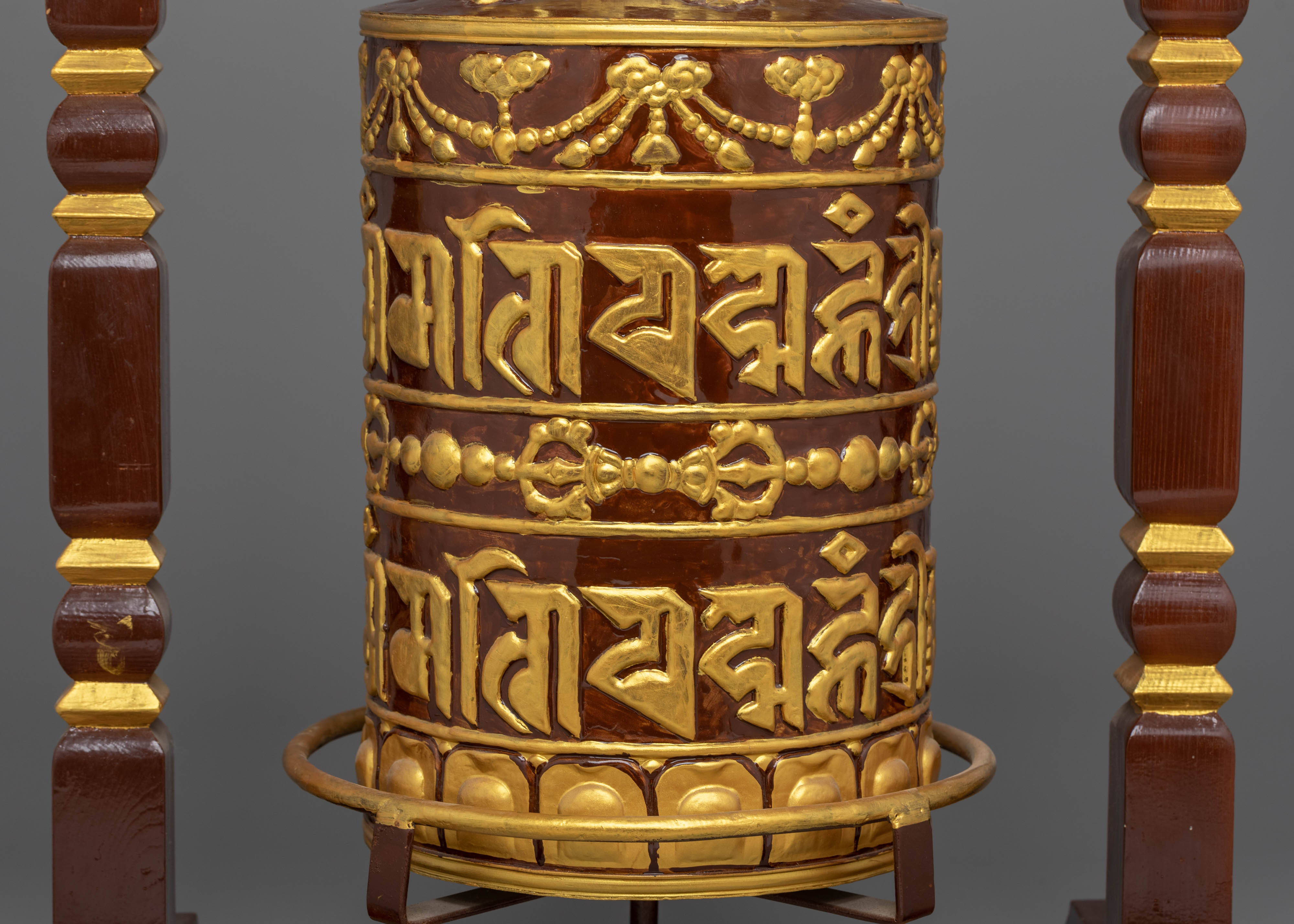 Prayer Wheel: Traditional Ritual Item | Copper Body with Acrylic Colors and Wood Base
