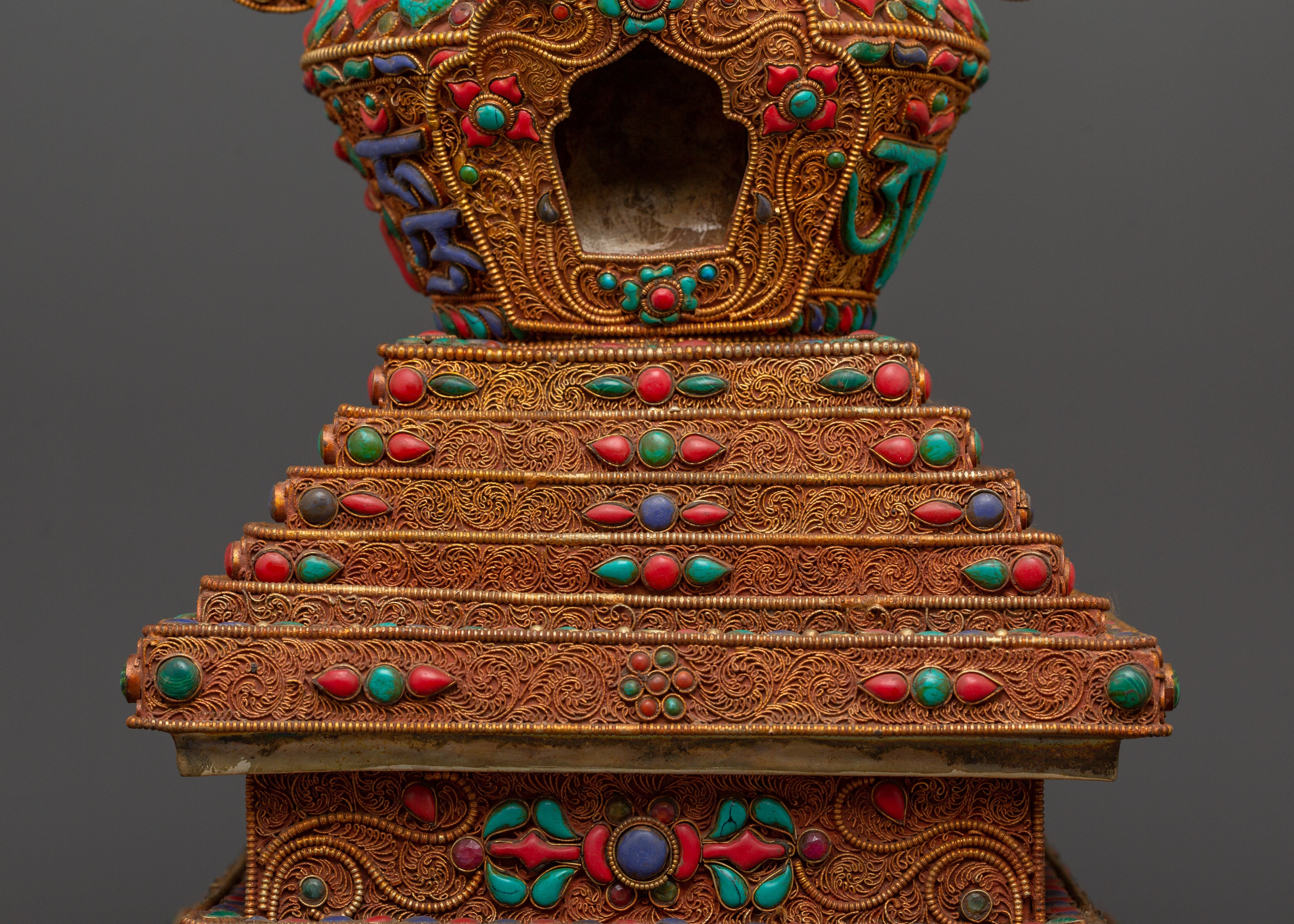 Copper Buddhist Chorten with Turquoise and  Coral | Spiritual Symbol of Peace