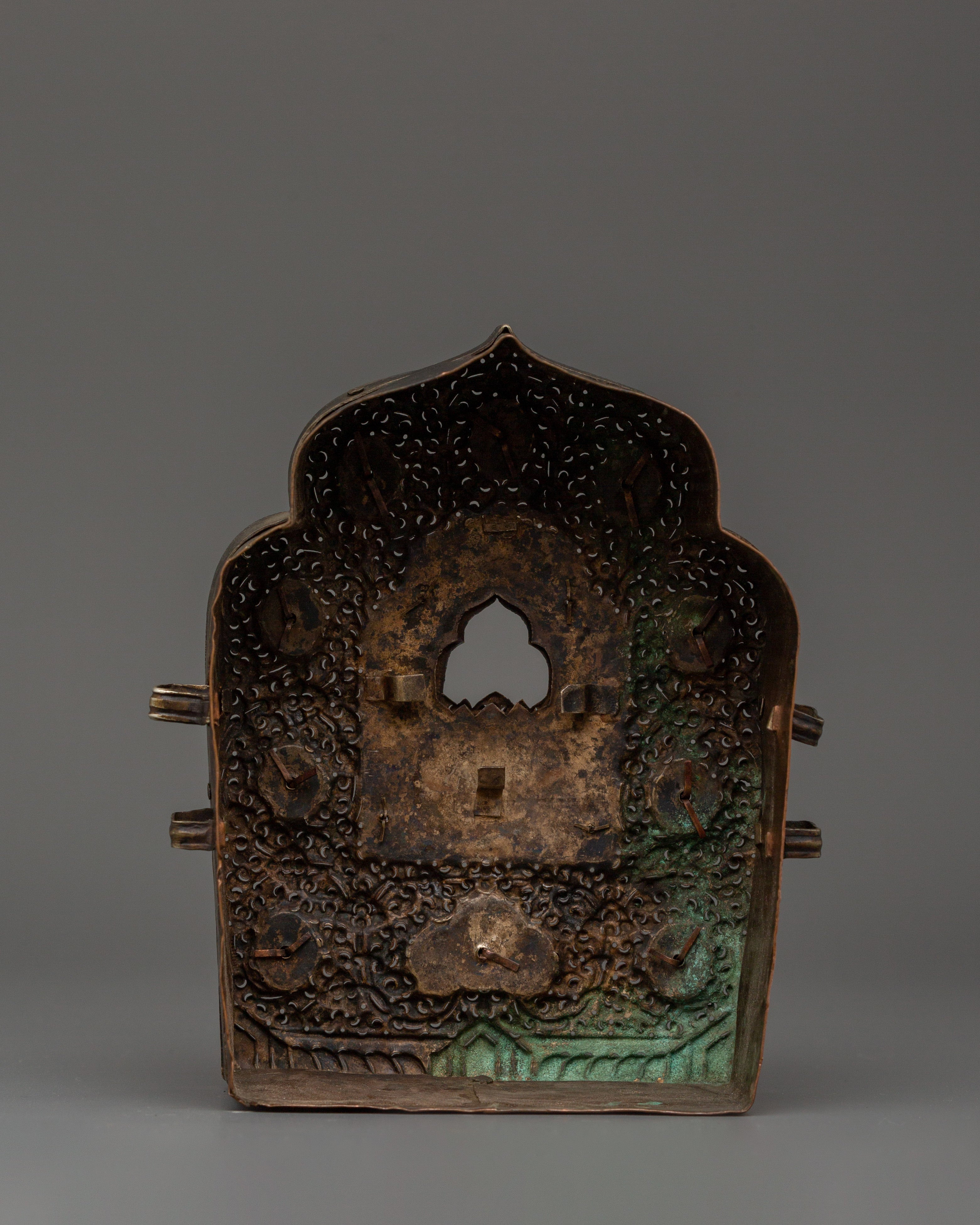 Handcrafted Tibetan Ghau Prayer Box | Brass, Silver & Copper Shrine with 8 Auspicious Symbols