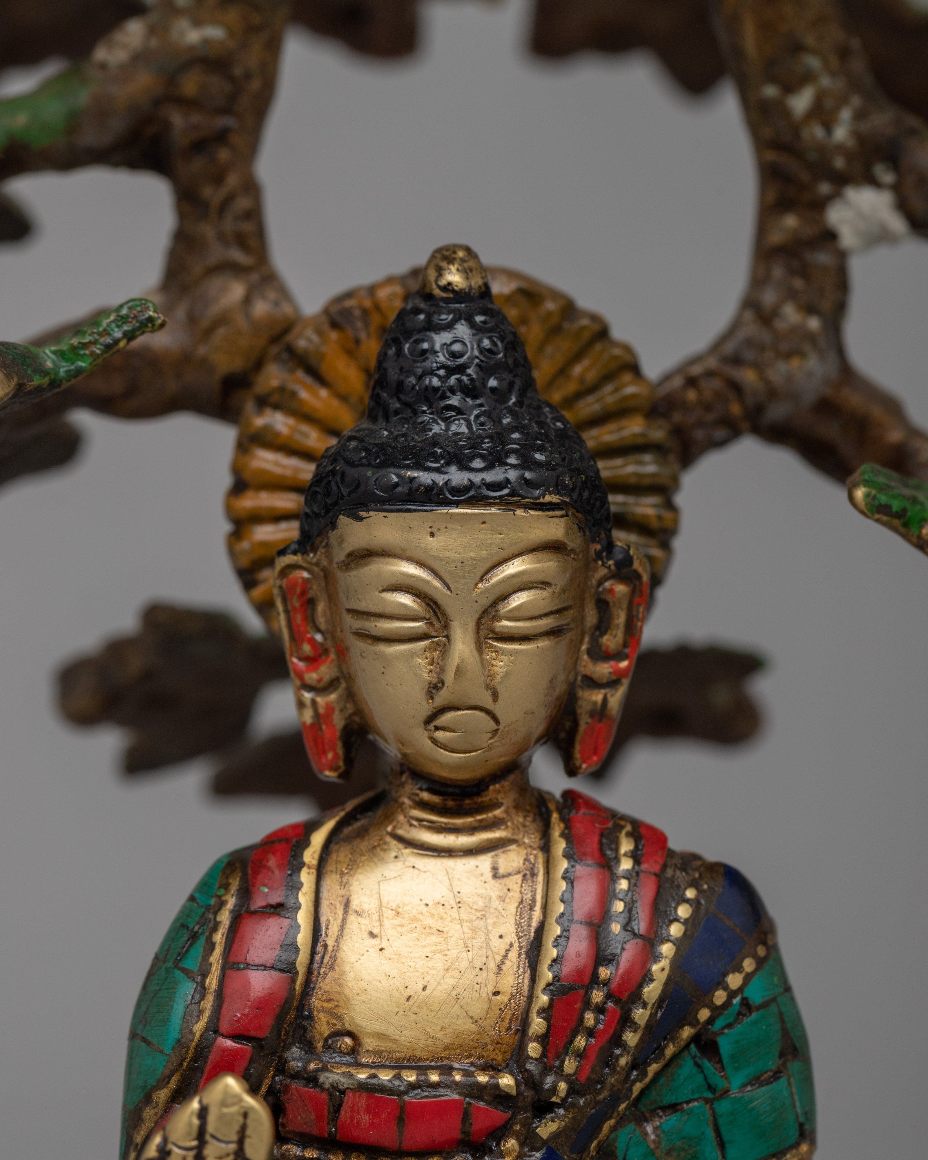 Spiritual Amoghasiddhi Buddha Statue | Coral and Turquoise Inlay