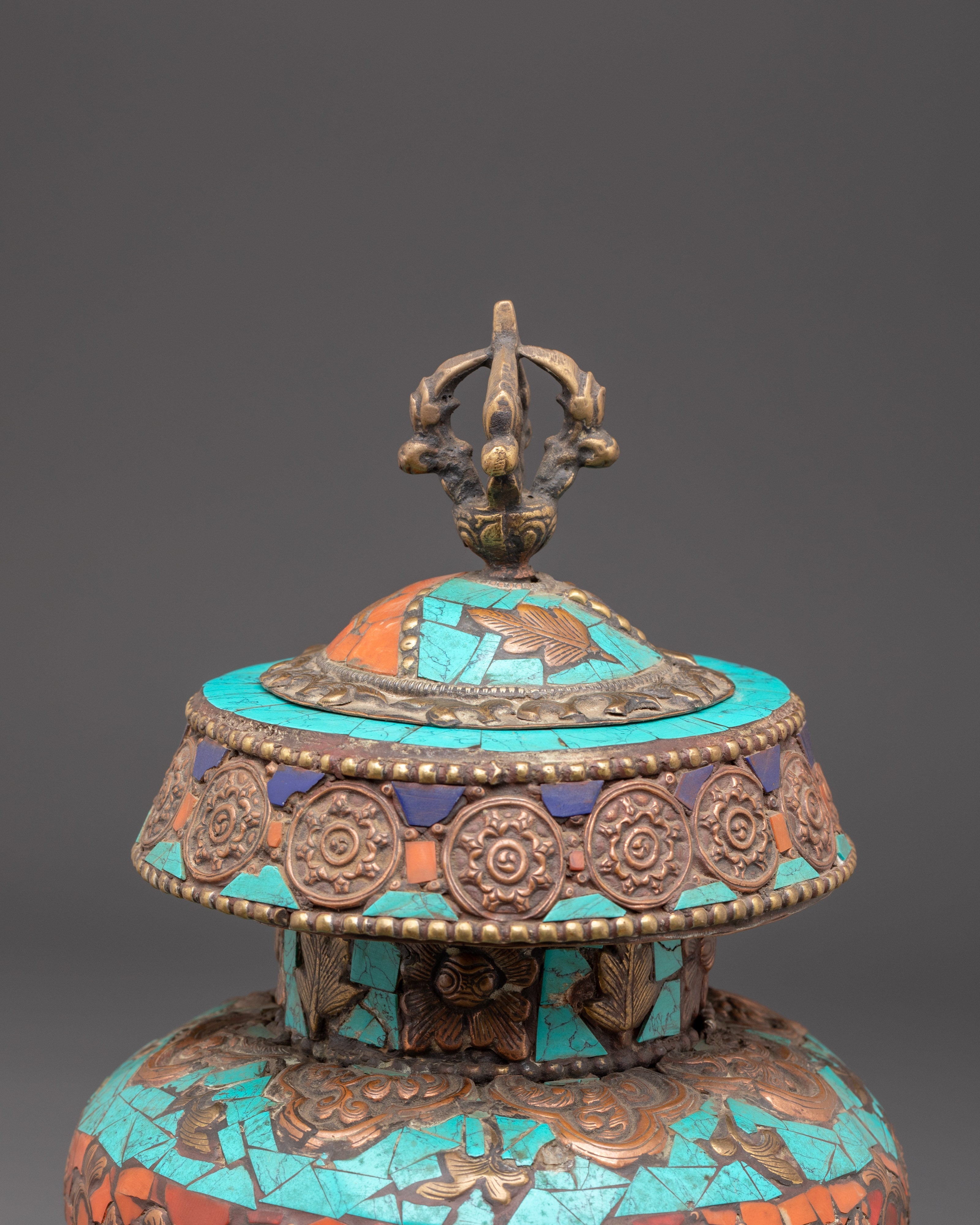 Copper Rice Pot with Turquoise and Coral Inlay | Symbol of Abundance and Prosperity