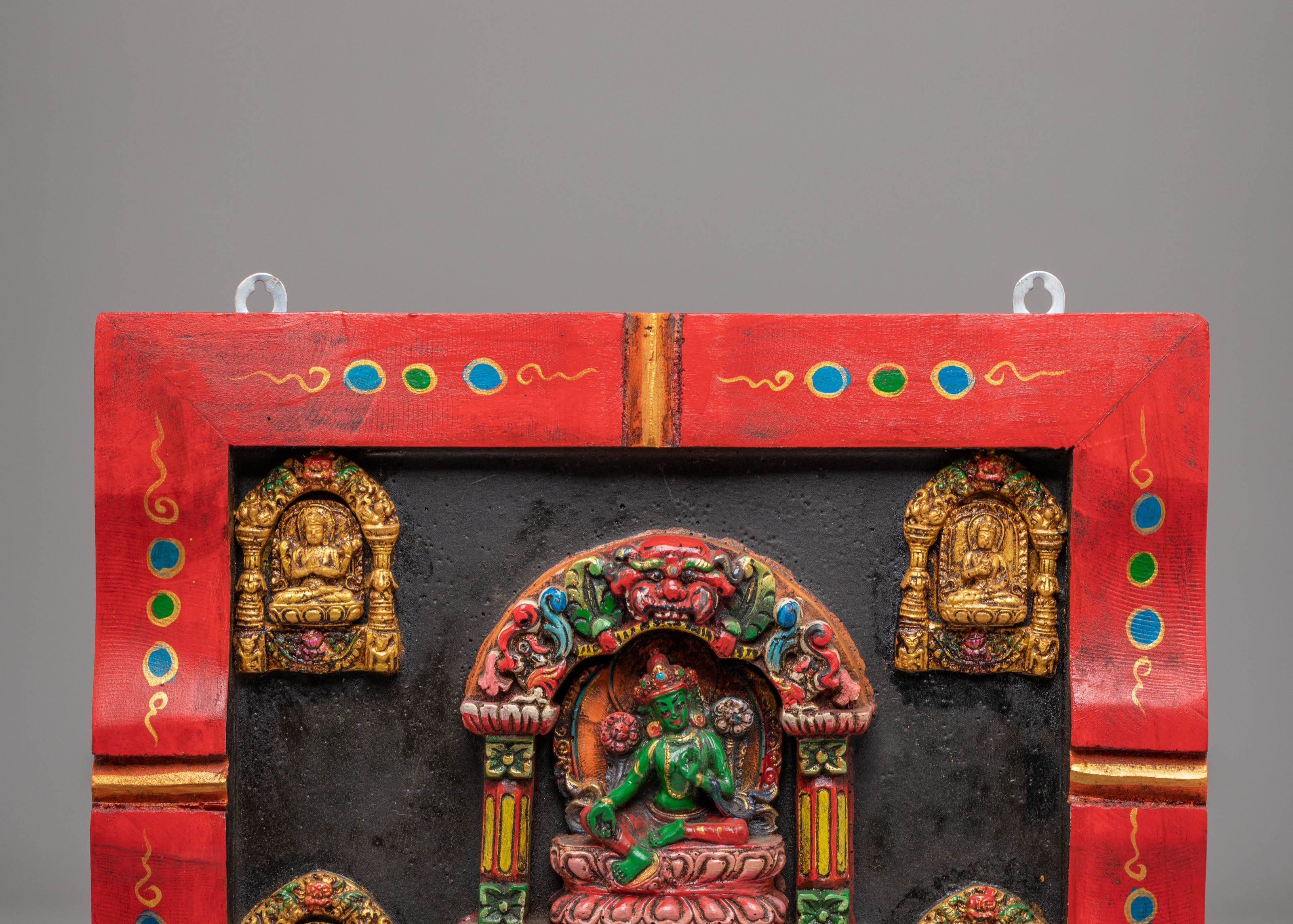 Buddhist Green Tara Wall Hanging | Buddhist Artwork with Chenrezig, Manjushri & Amitayus