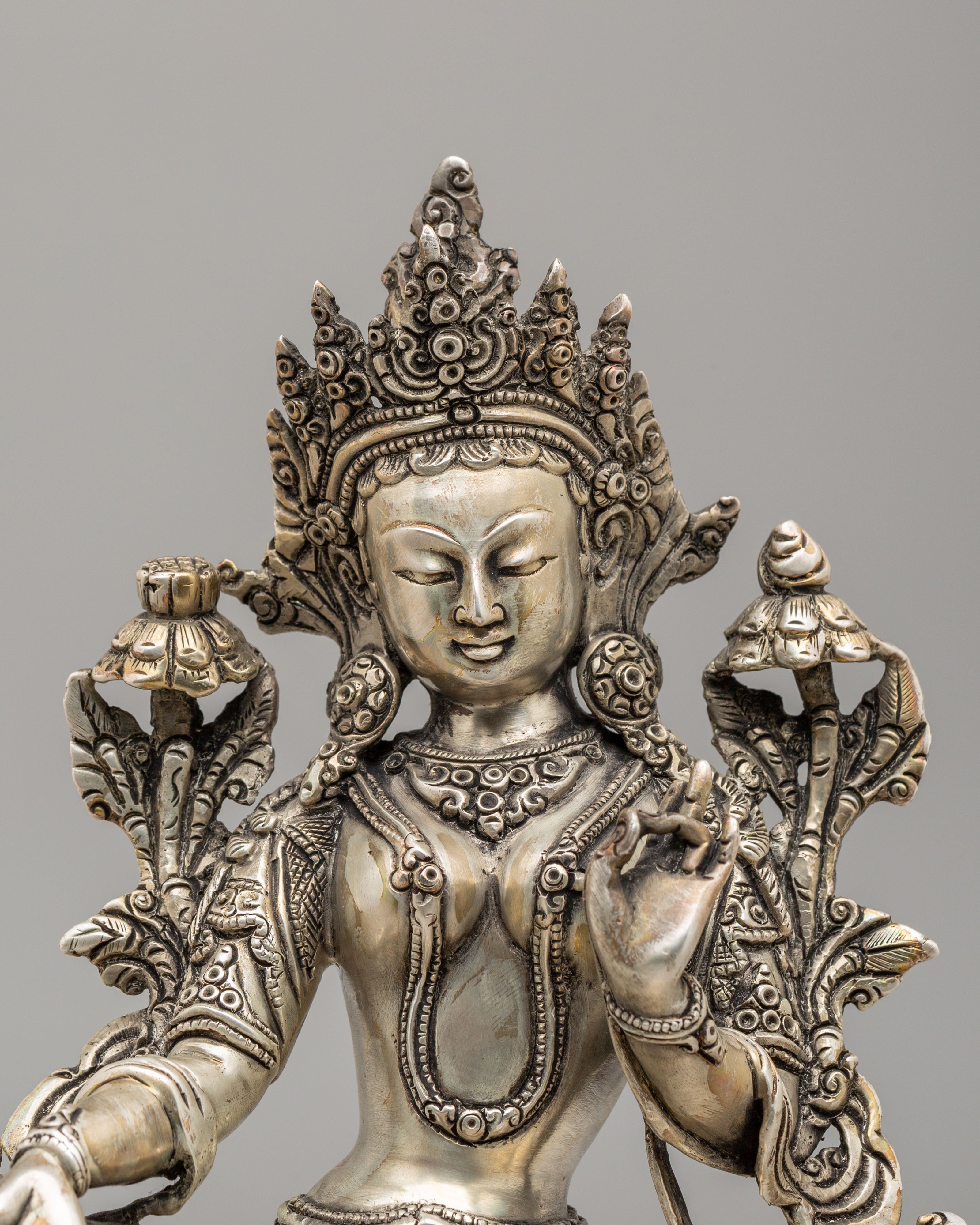 Green Tara Mother of Liberation Statue | Silver Plated Copper Buddhist Sculpture