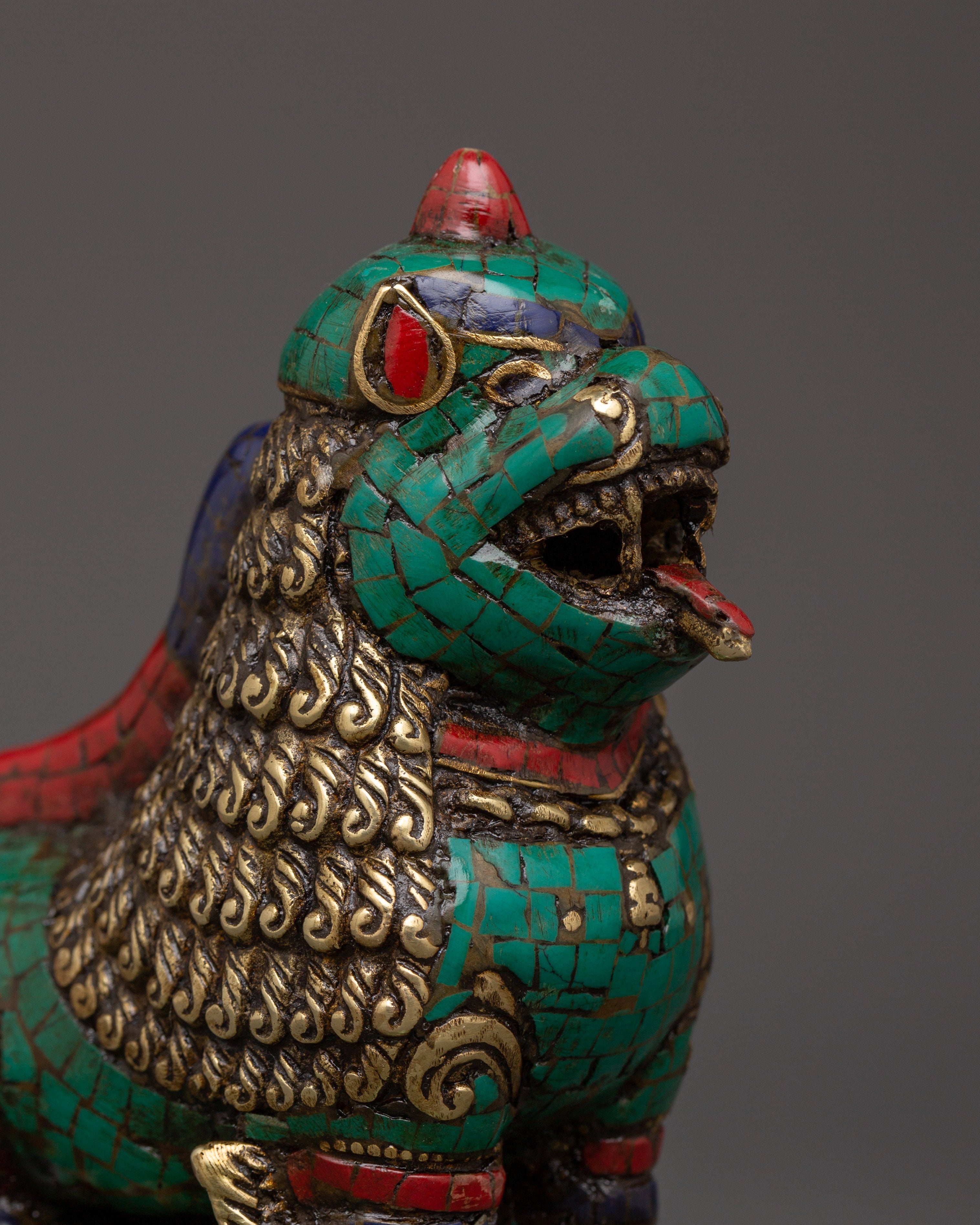 Tibetan Lion Set Brass Guardian Statues | Inlaid with Coral & Turquoise