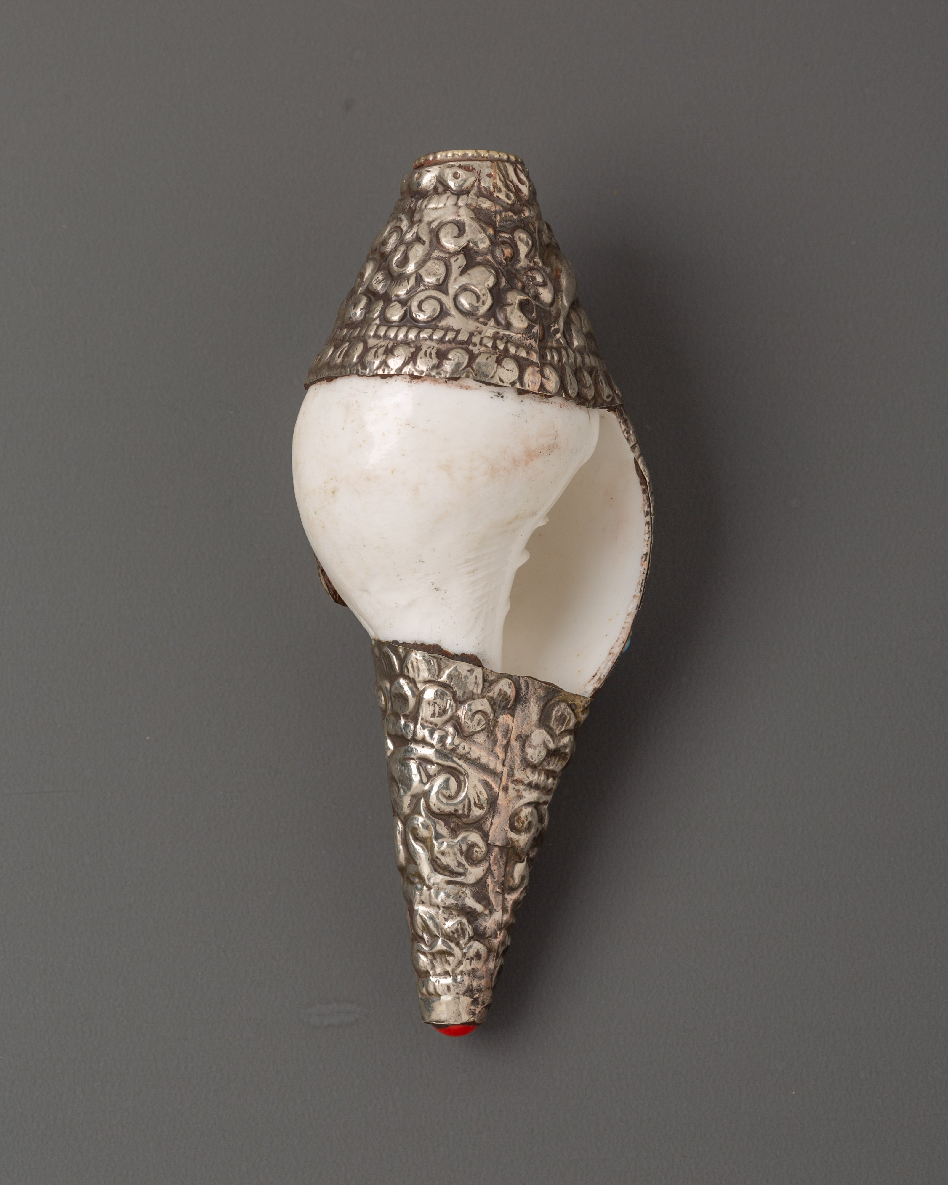 Silver Plated Conch Shell with Turquoise & Coral Inlays | Spiritual Home Decor