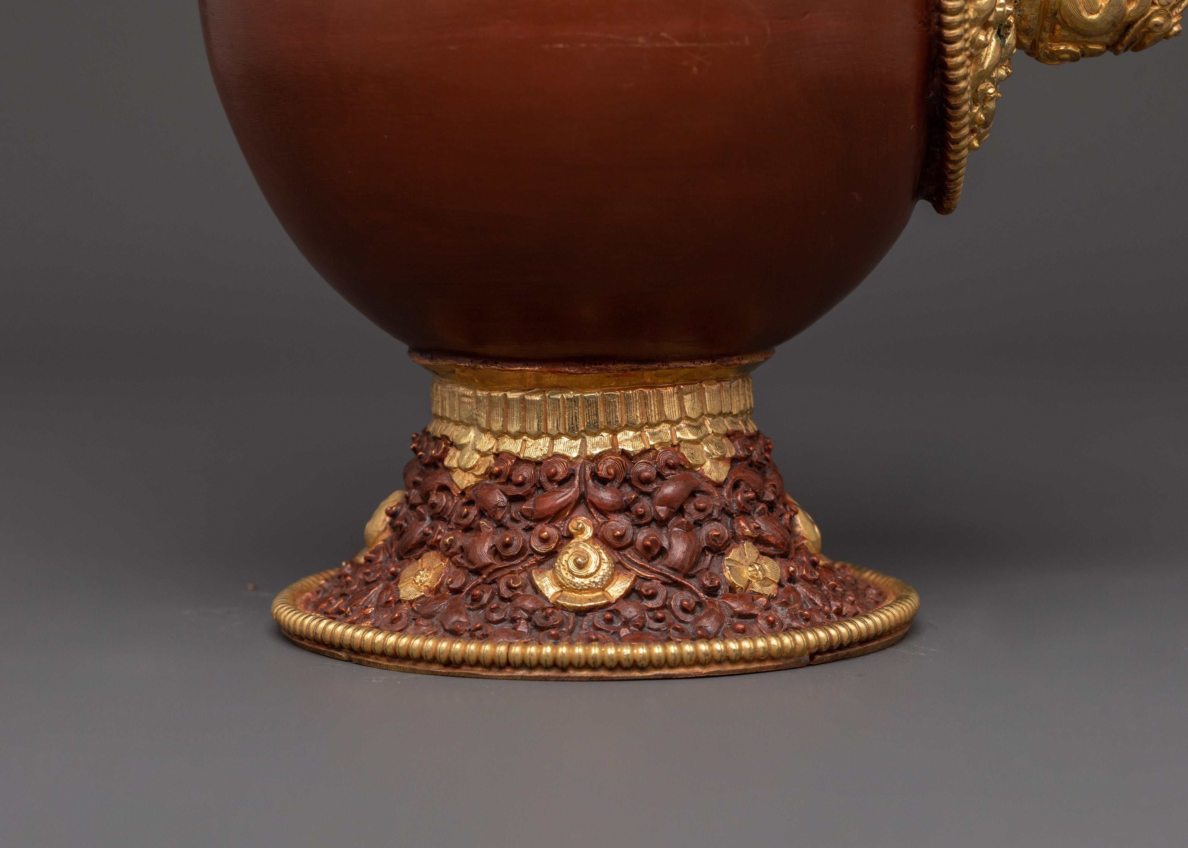 Pair of Tibetan Bhumba Vases | Gold-Plated Copper Vessels with Coral Inlay
