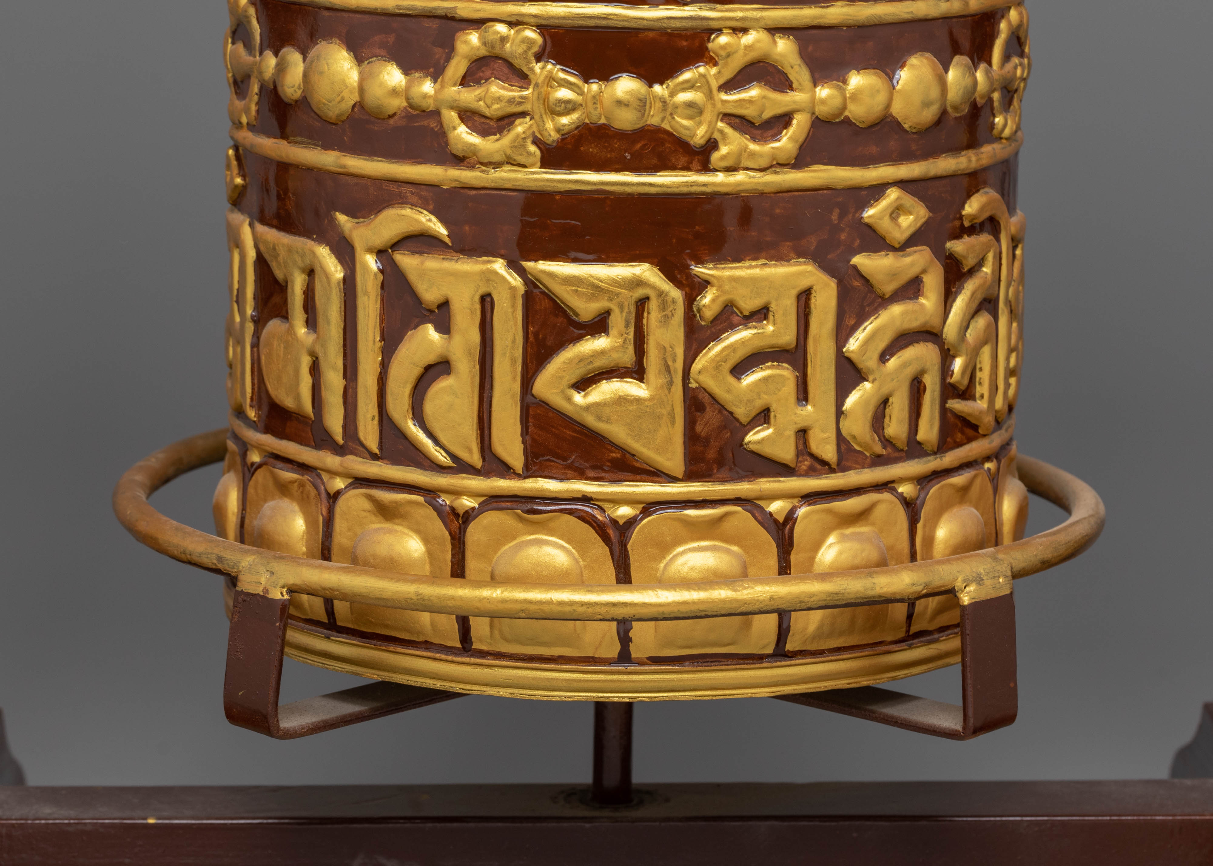 Prayer Wheel: Traditional Ritual Item | Copper Body with Acrylic Colors and Wood Base