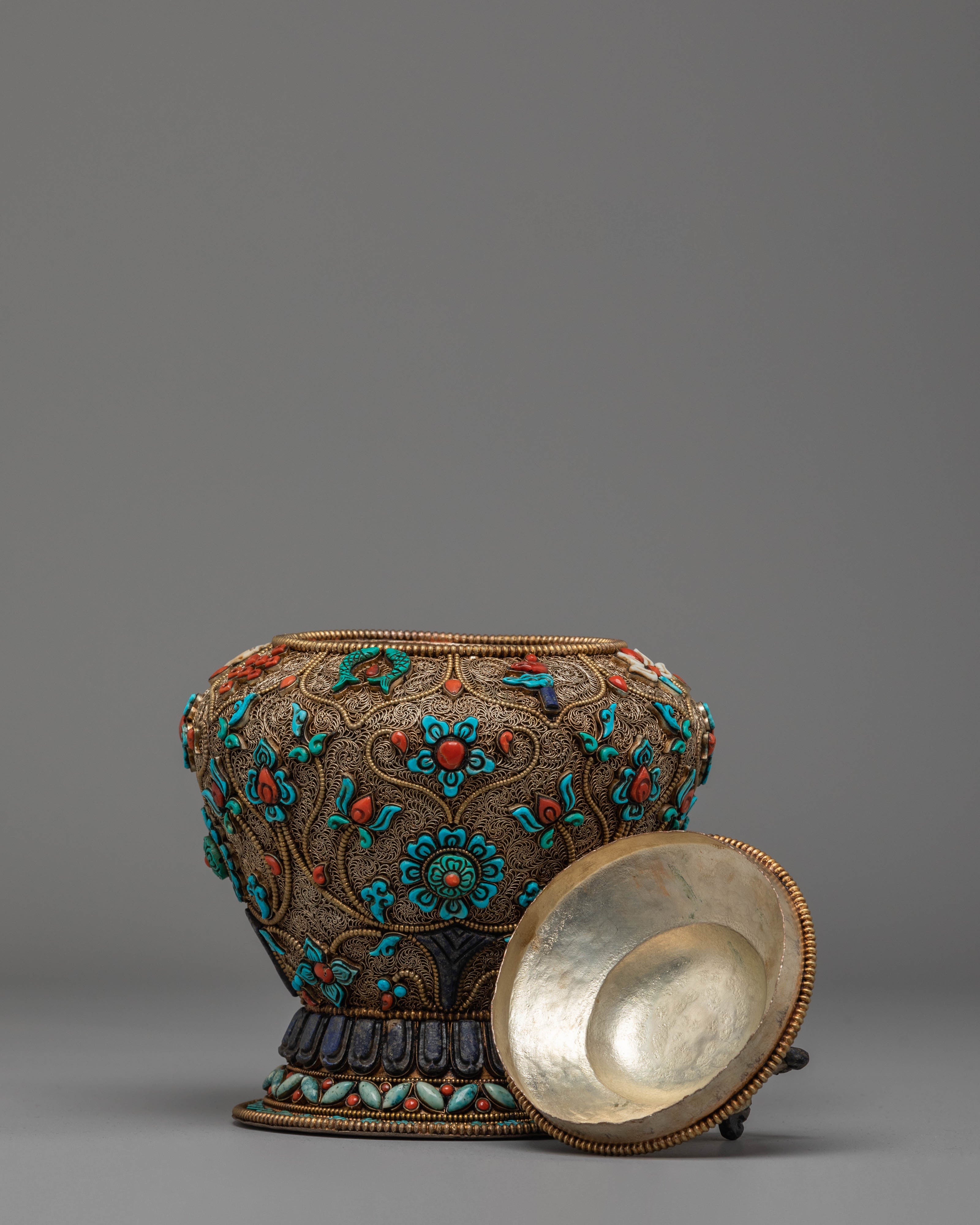 Buddhist Ritual Rice Offering Pot | Copper & Silver Plated with Gemstones