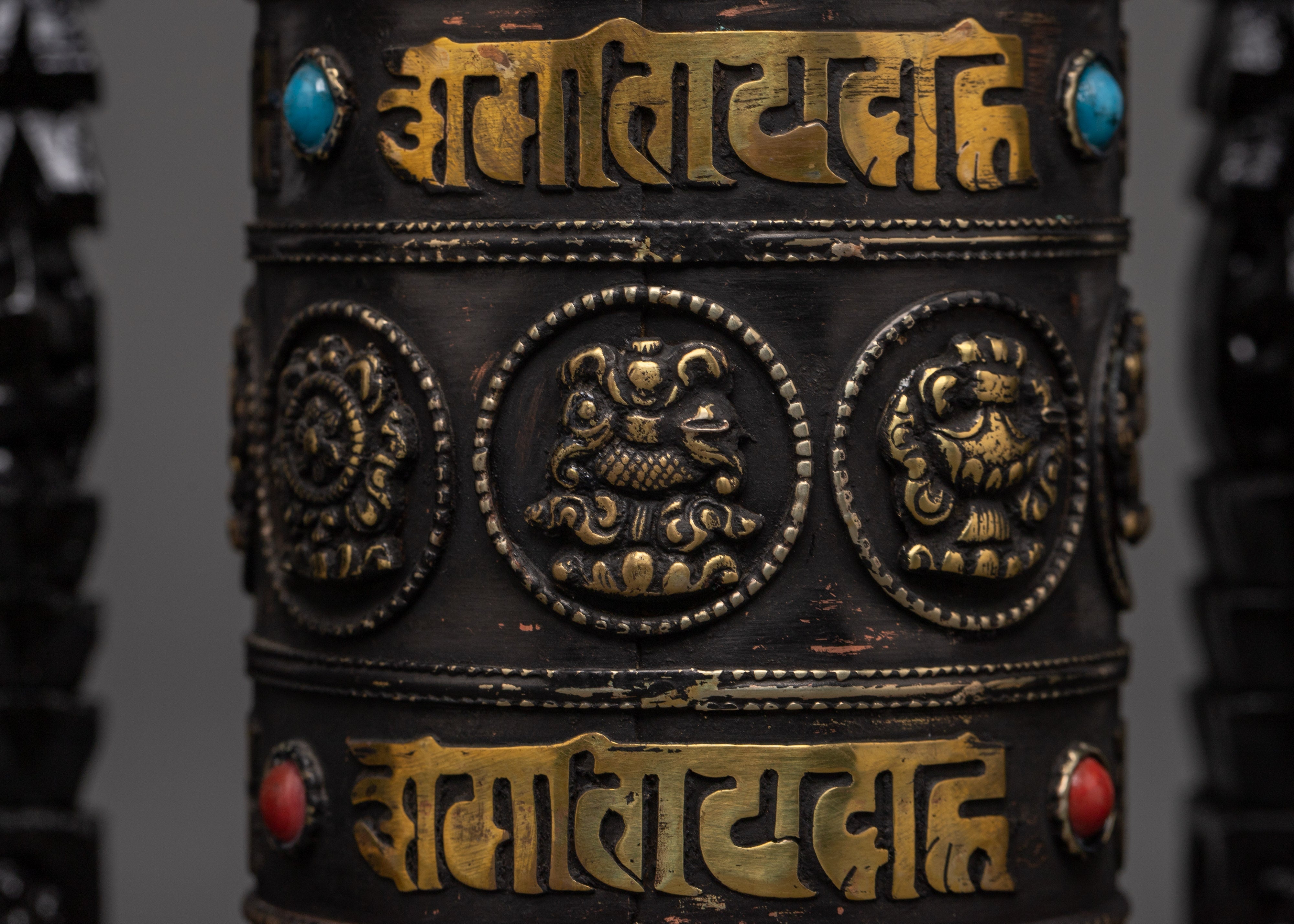Five Tibetan Prayer Wheels on a Wooden Frame | Mantra Spinners