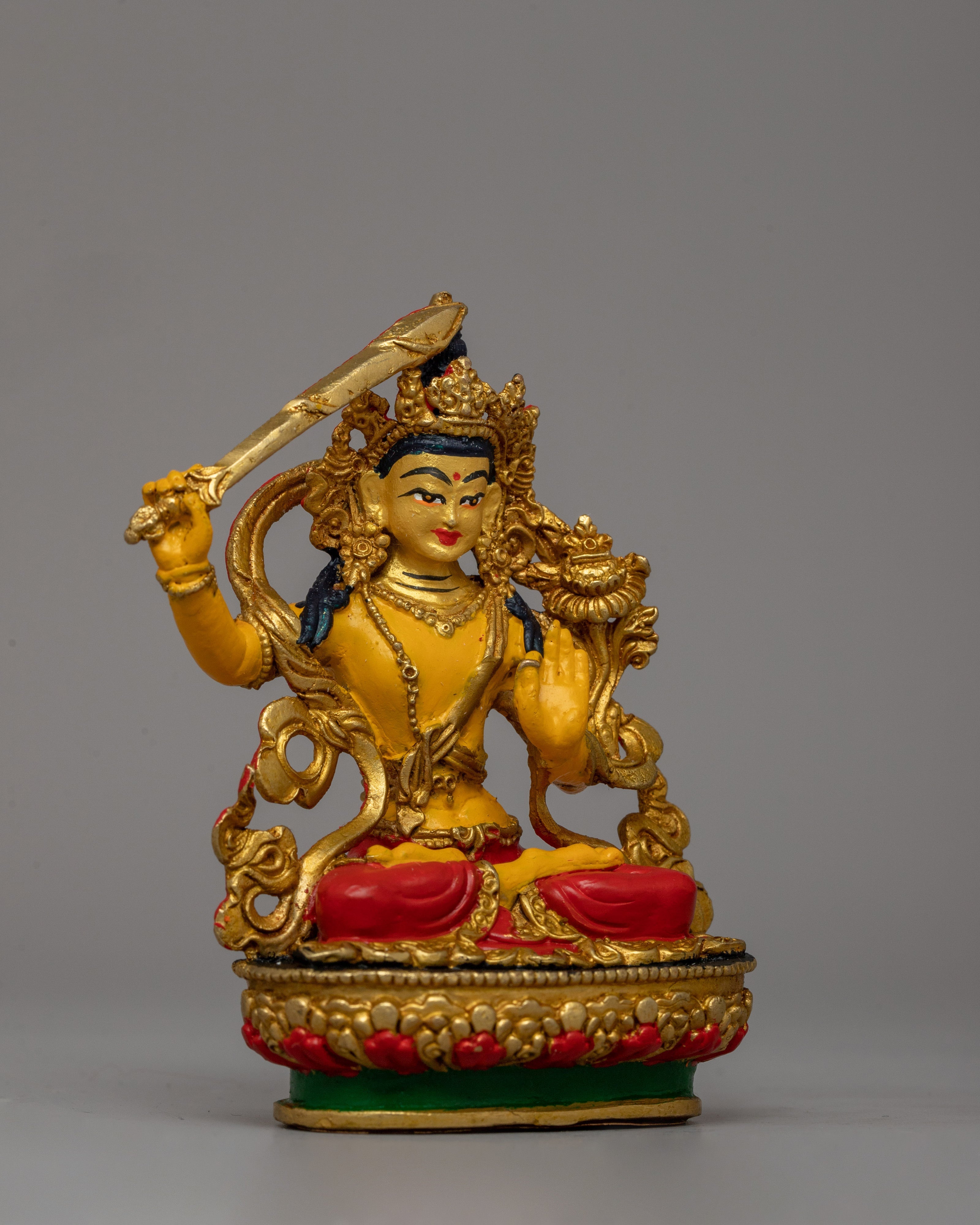 Gold-Plated Manjushri Sculpture |  Wisdom and Enlightenment Buddhist Sculpture