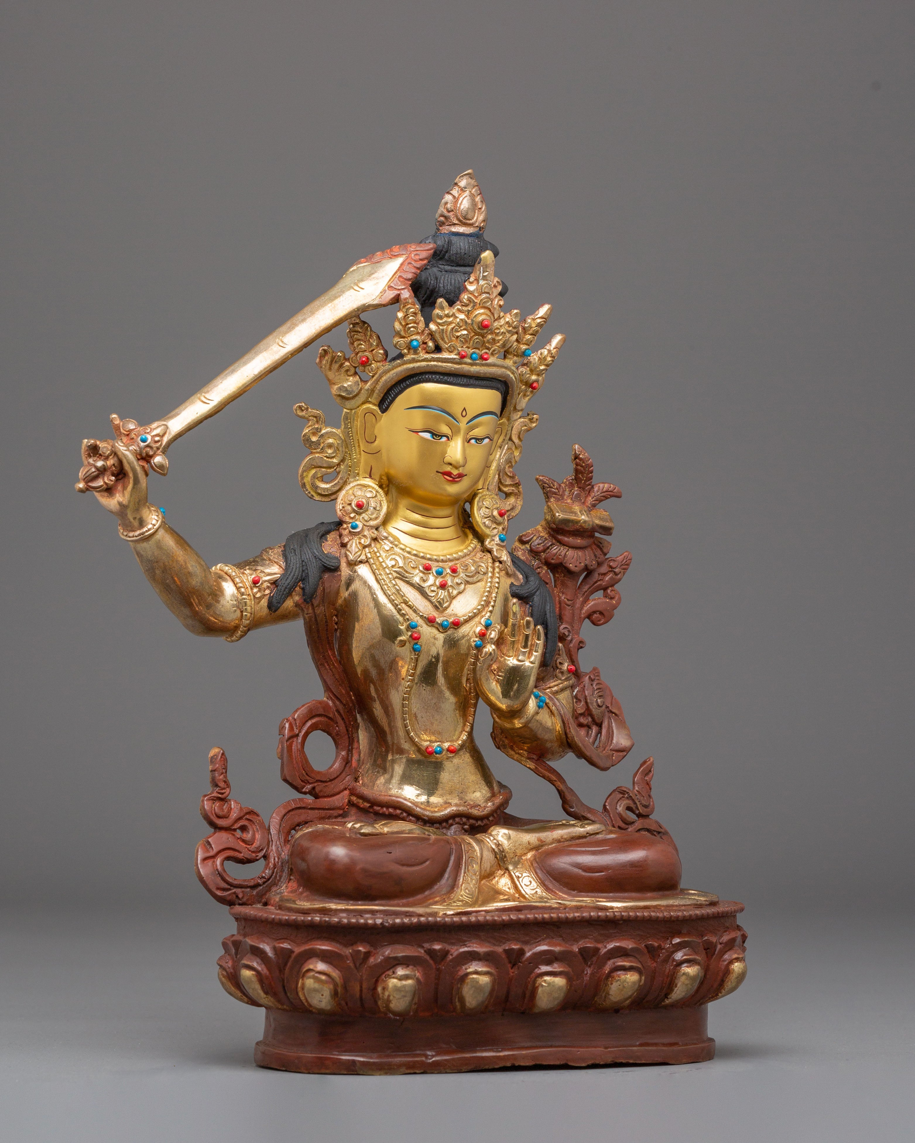 Statue of Supreme Deity of Wisdom Manjushri | Gold Plated Buddhist Bodhisattva Sculpture