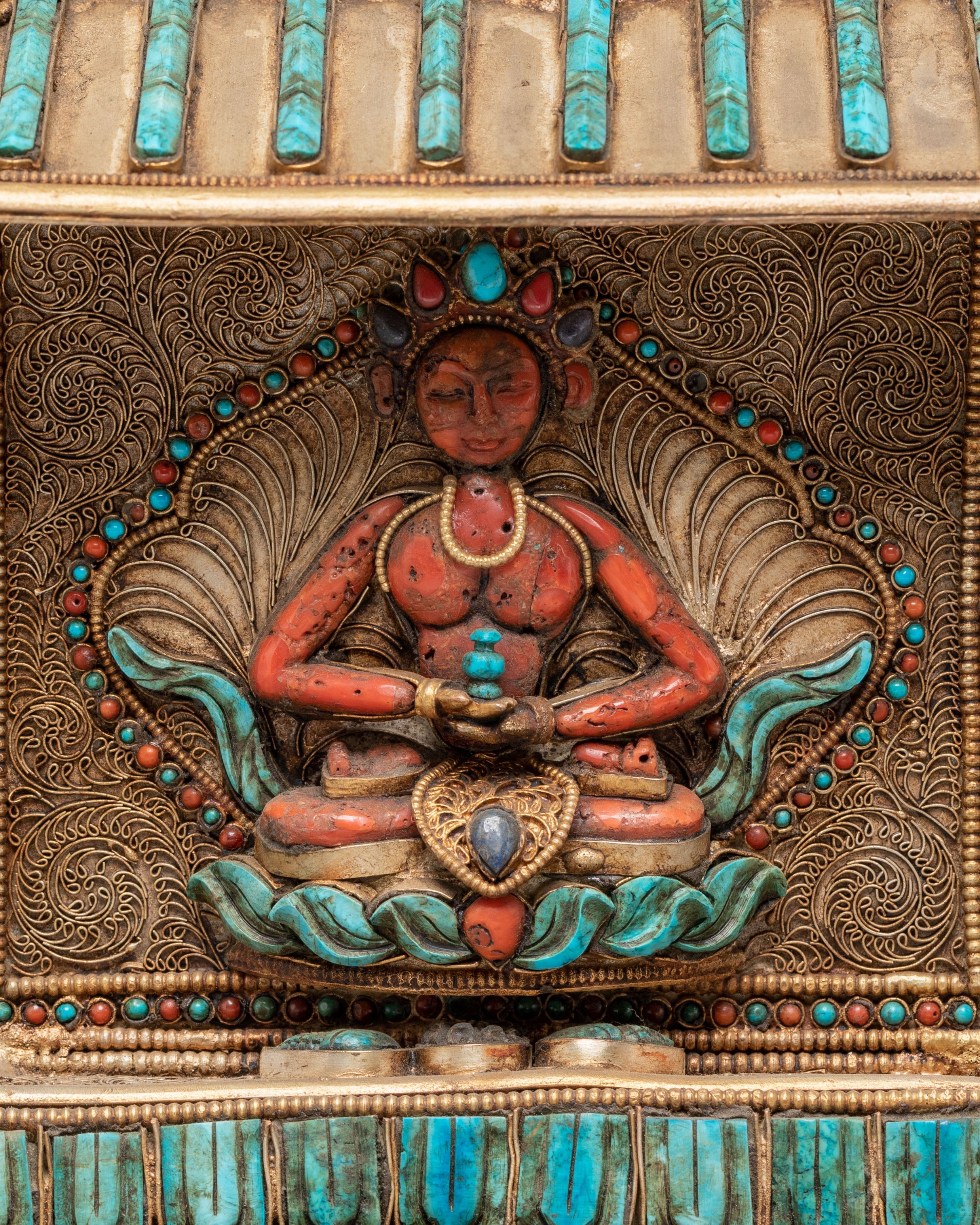 Tibetan Stupa with Deities and Turquoise Inlays | Copper & Semi-Precious Stones