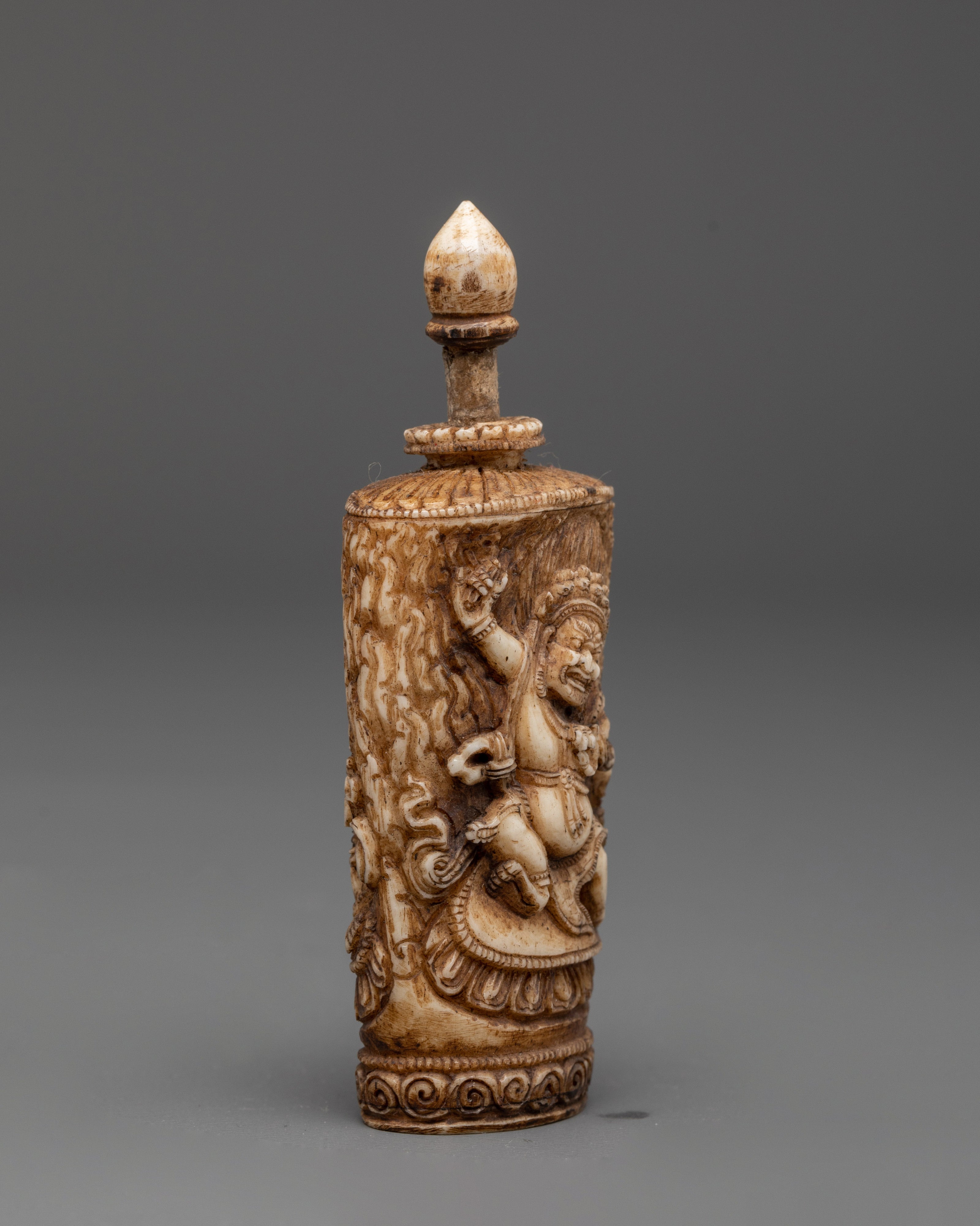 Hand-Carved Tibetan Guardian Deity Snuff Pot | Tibetan Buddhist Ritual Object