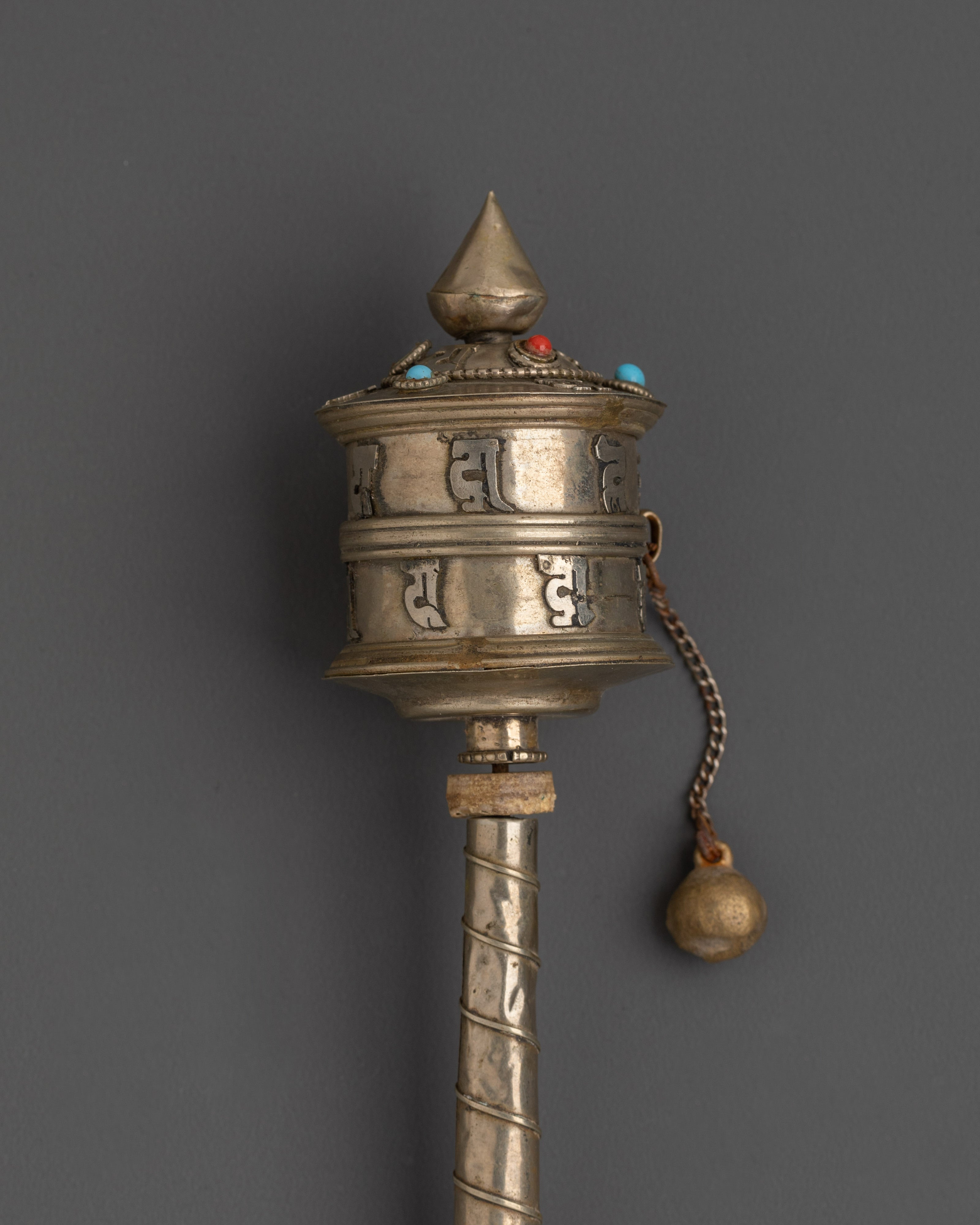 Buddhist Handheld Prayer Wheel | White Metal Prayer Wheel with Turquoise & Coral