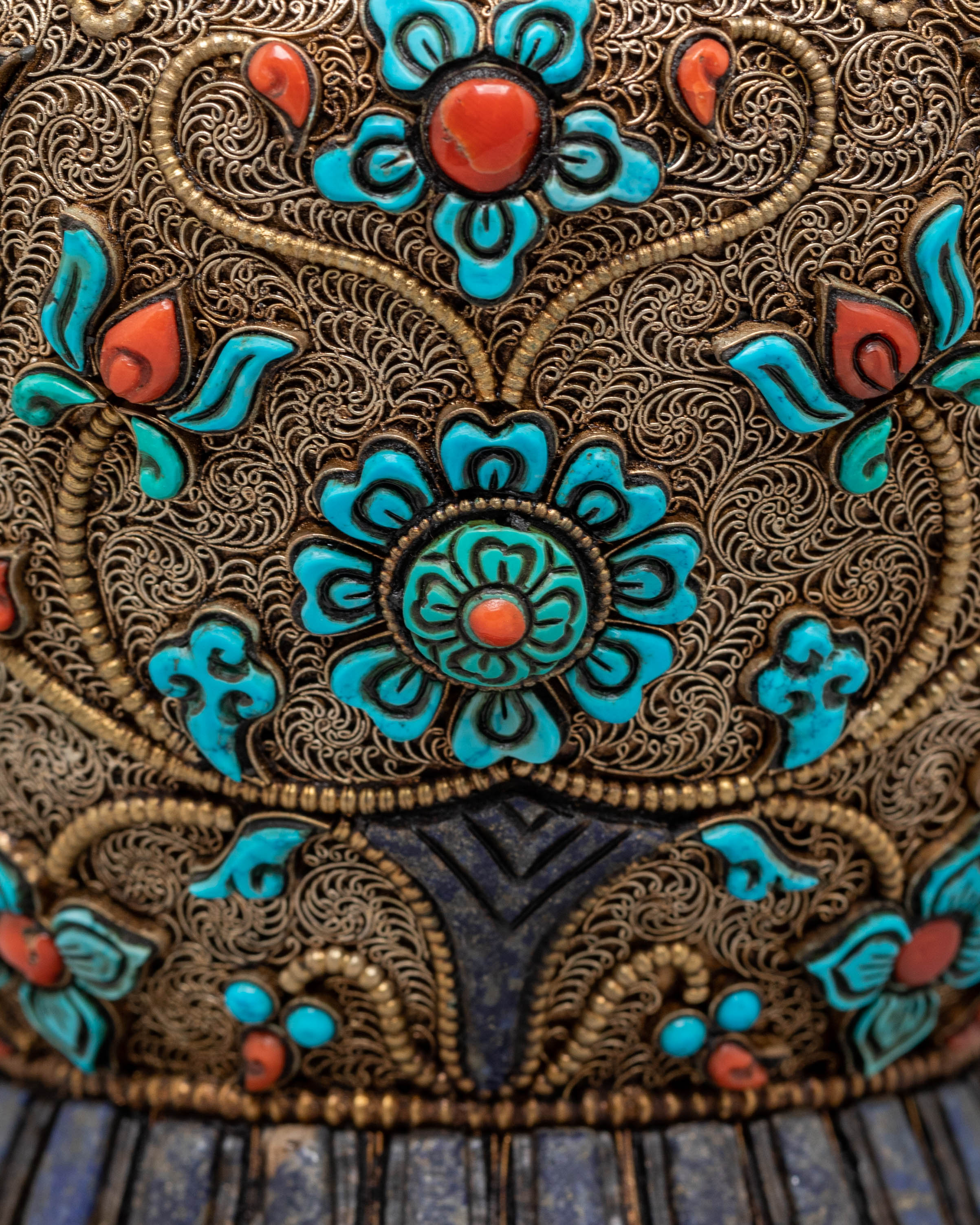 Buddhist Ritual Rice Offering Pot | Copper & Silver Plated with Gemstones