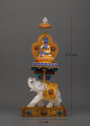 Shakyamuni Buddha on Crystal Elephant | Lapis & Coral Inlaid Gold Statue