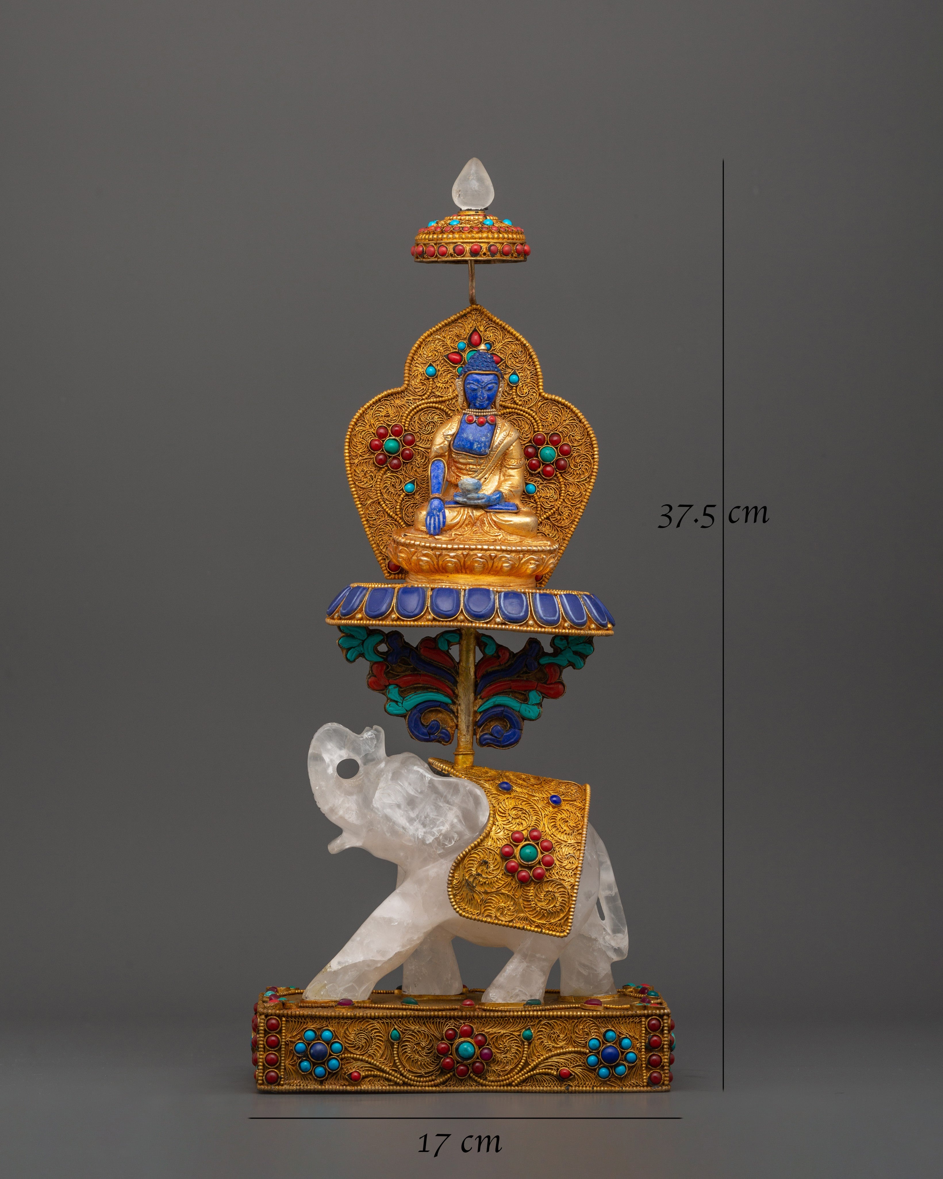 Shakyamuni Buddha on Crystal Elephant | Lapis & Coral Inlaid Gold Statue