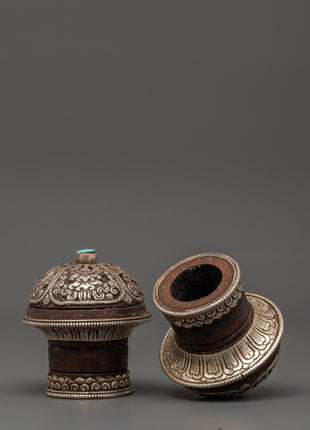 Brocade Thangka Stick Cap | Handcrafted Wooden Body with Silver and Turquoise