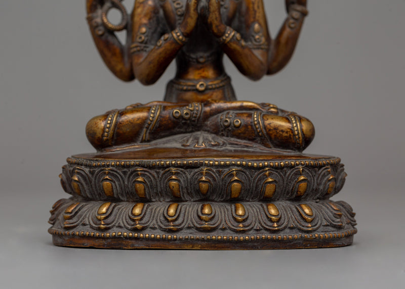 Hand-Carved Chenrezig Bodhisattva Statue | Antique Finish Copper Sculpture | Avalokiteshvara