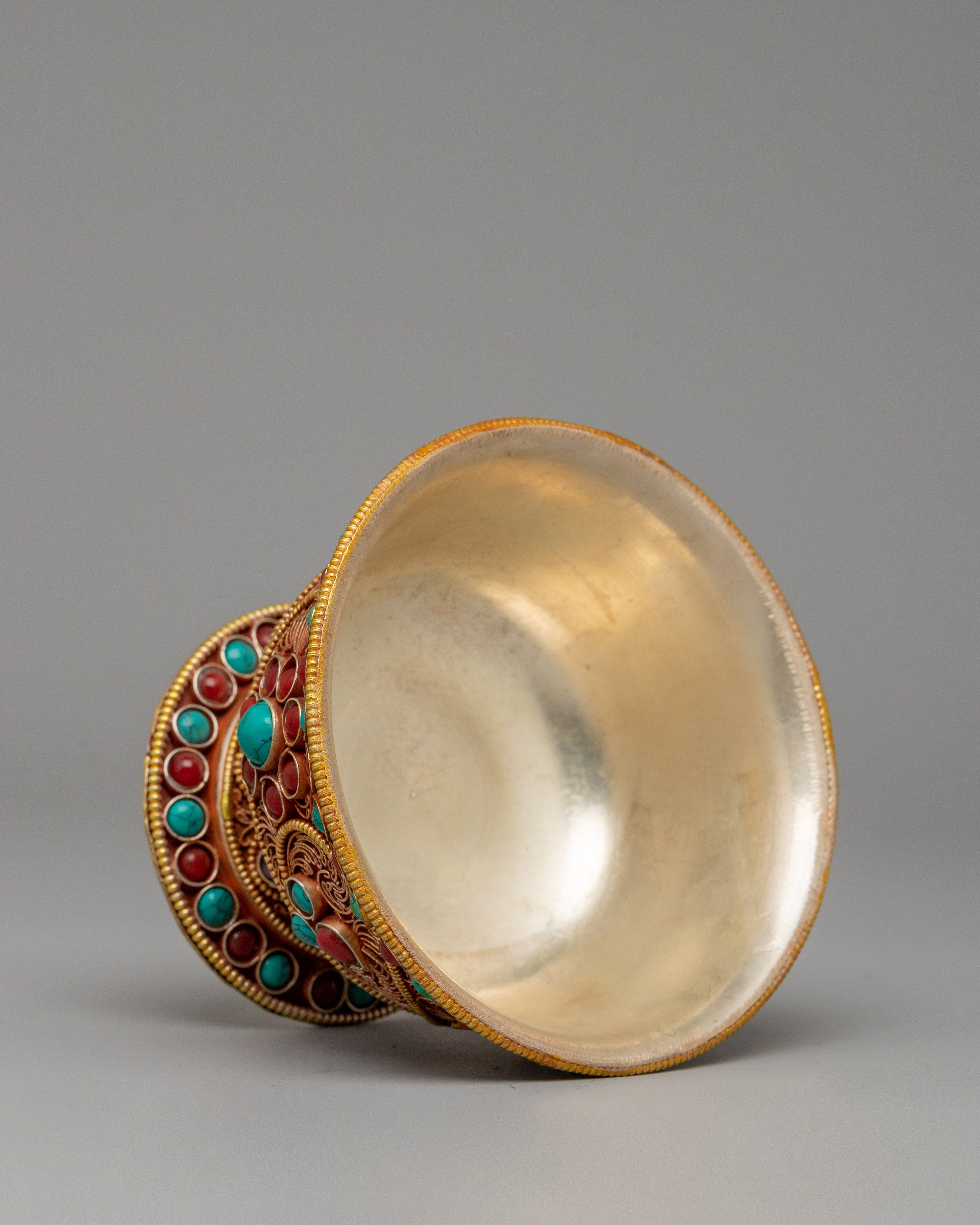 Set of Tibetan Offering Bowls | Turquoise & Coral Filigree Work for Altar Décor