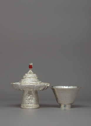 Traditional Silver Tea Cup with Red Stone on Top | Tibetan Buddhism Decor
