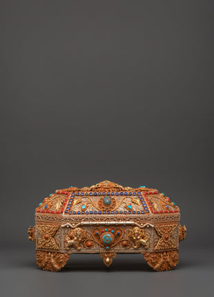 Tibetan Decorative Treasure Box | Buddhist Treasure Box with Turquoise & Coral Inlays