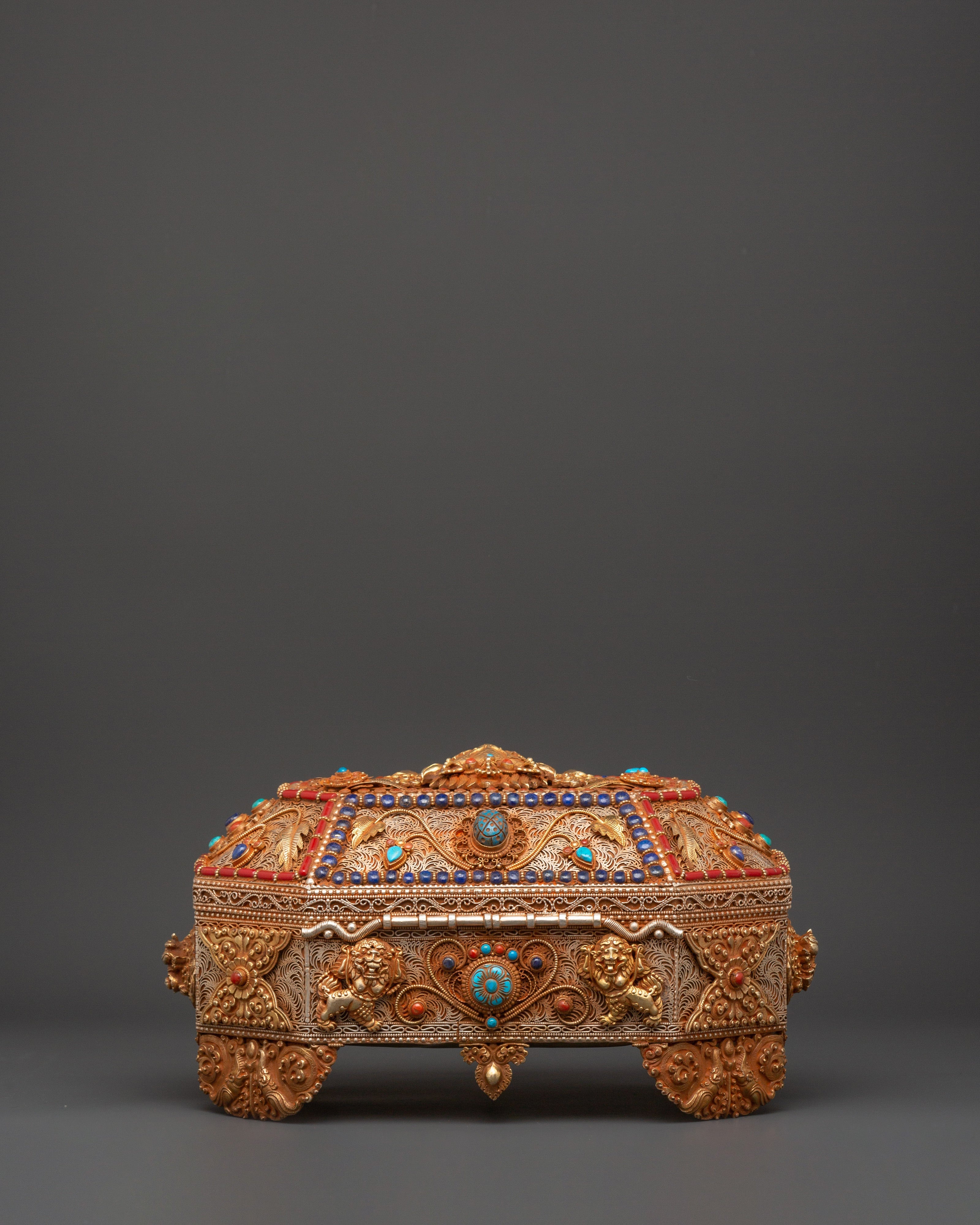 Tibetan Decorative Treasure Box | Buddhist Treasure Box with Turquoise & Coral Inlays