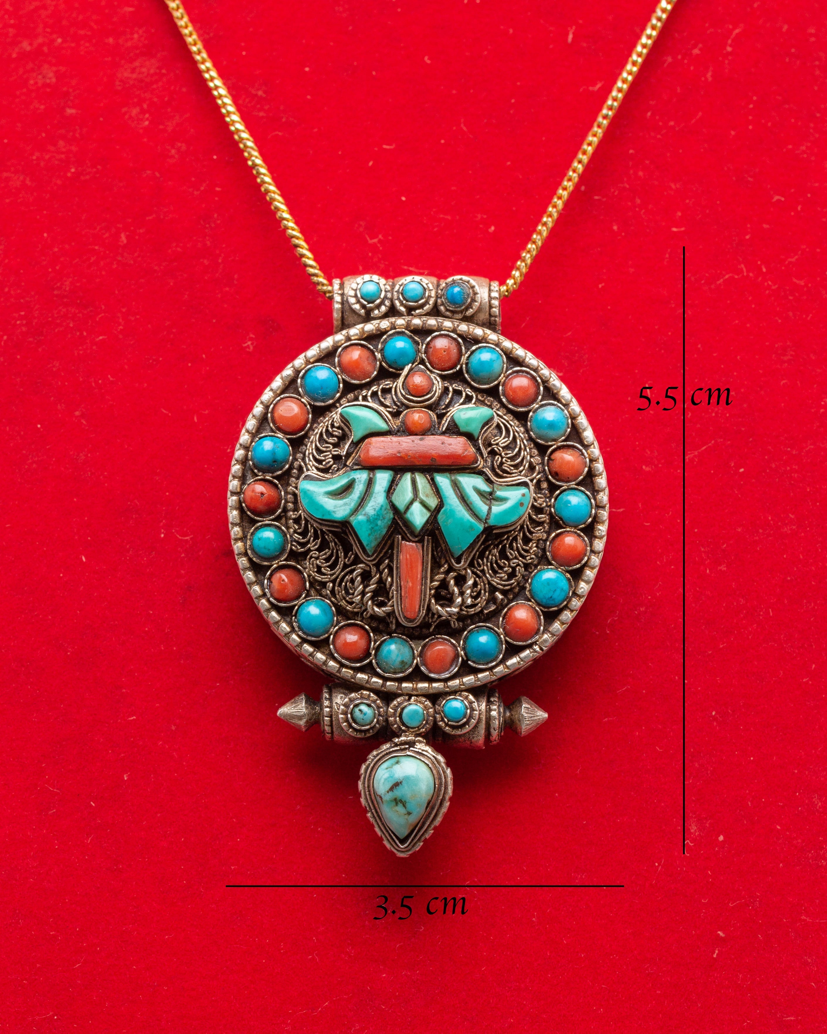 Buddhist Ghau Box Amulet | Silver Pendant with Coral & Turquoise