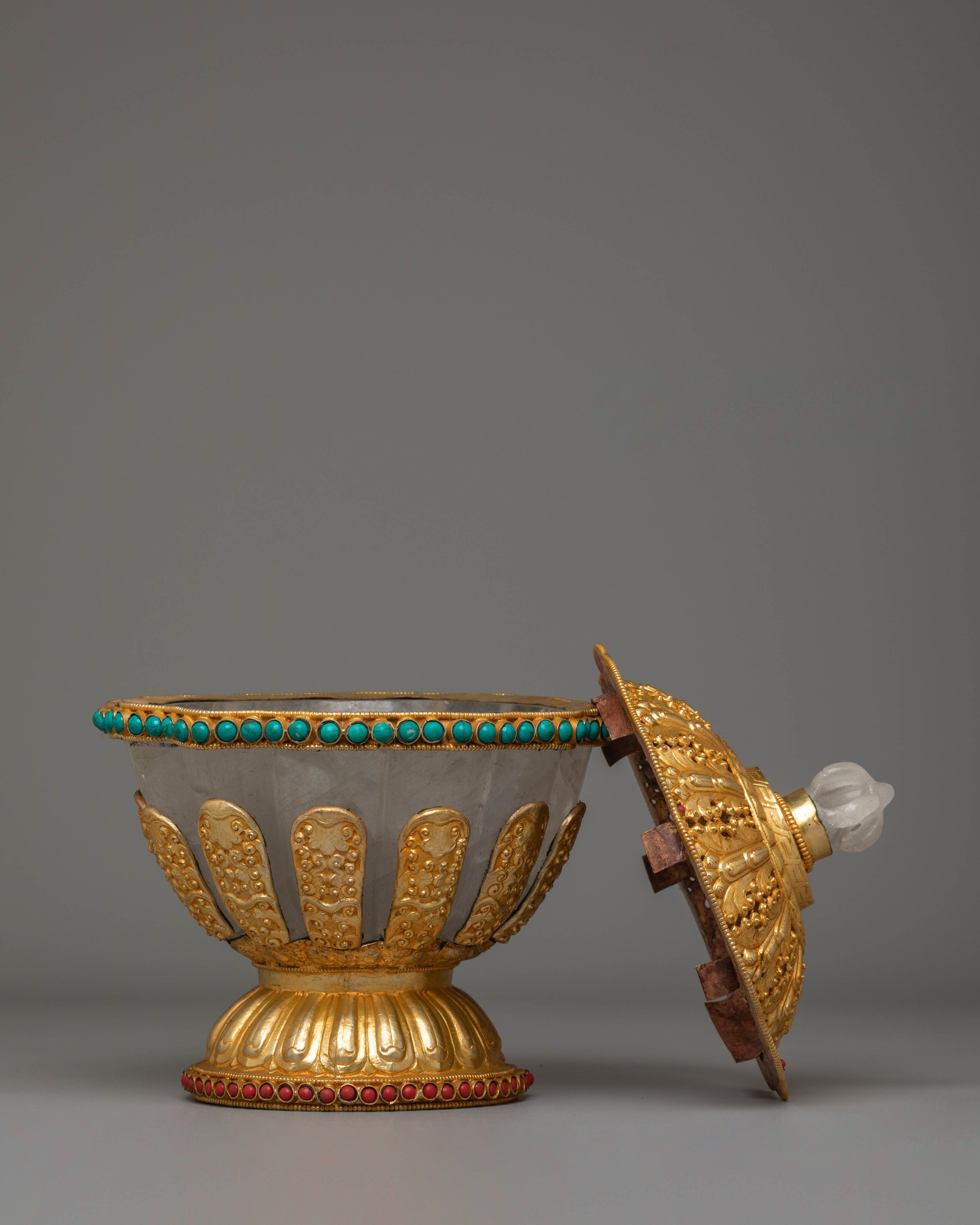 Spiritual Buddhist Dhupur Rice Pot | Gold-Plated Copper with Coral & Turquoise