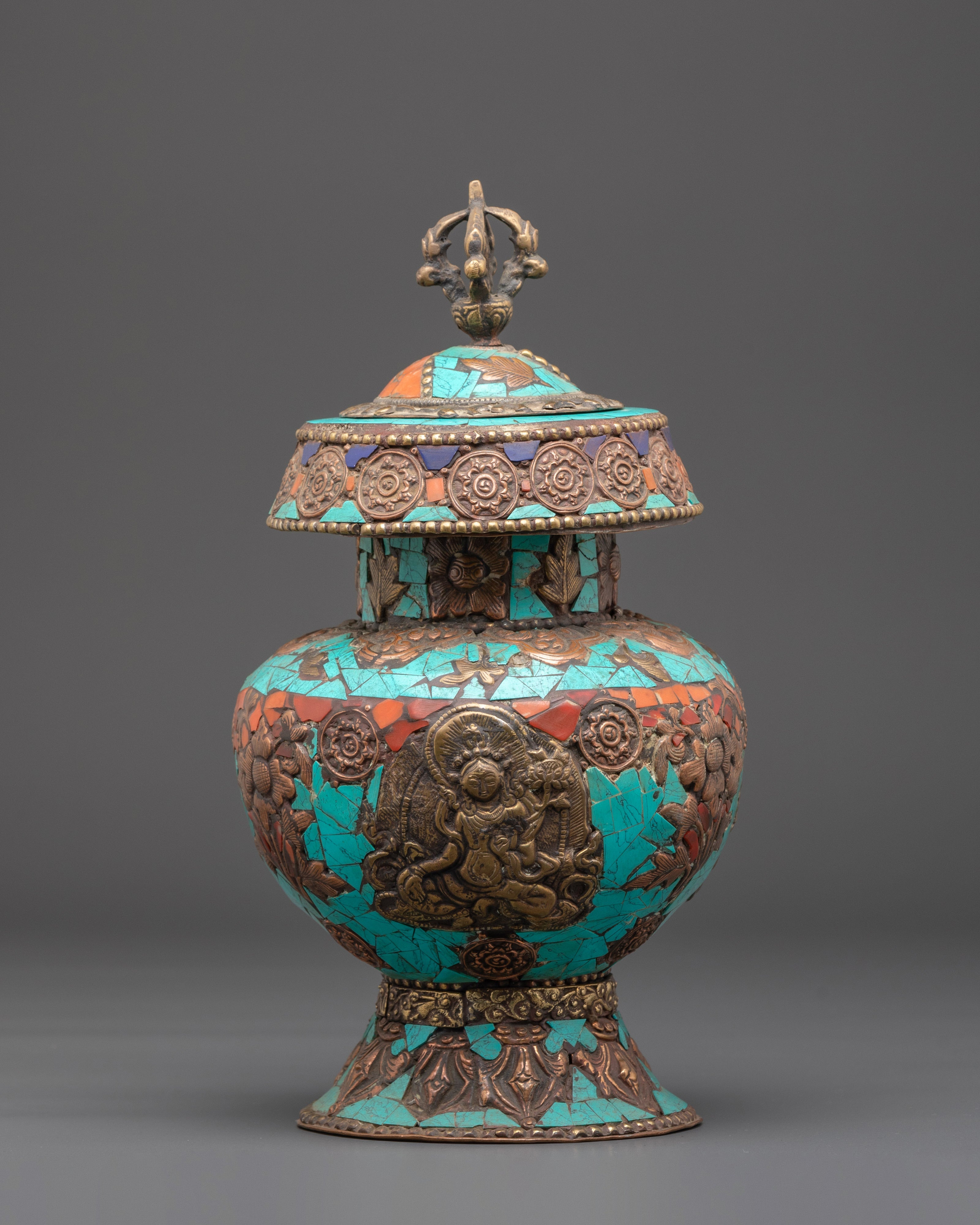 Copper Rice Pot with Turquoise and Coral Inlay | Symbol of Abundance and Prosperity