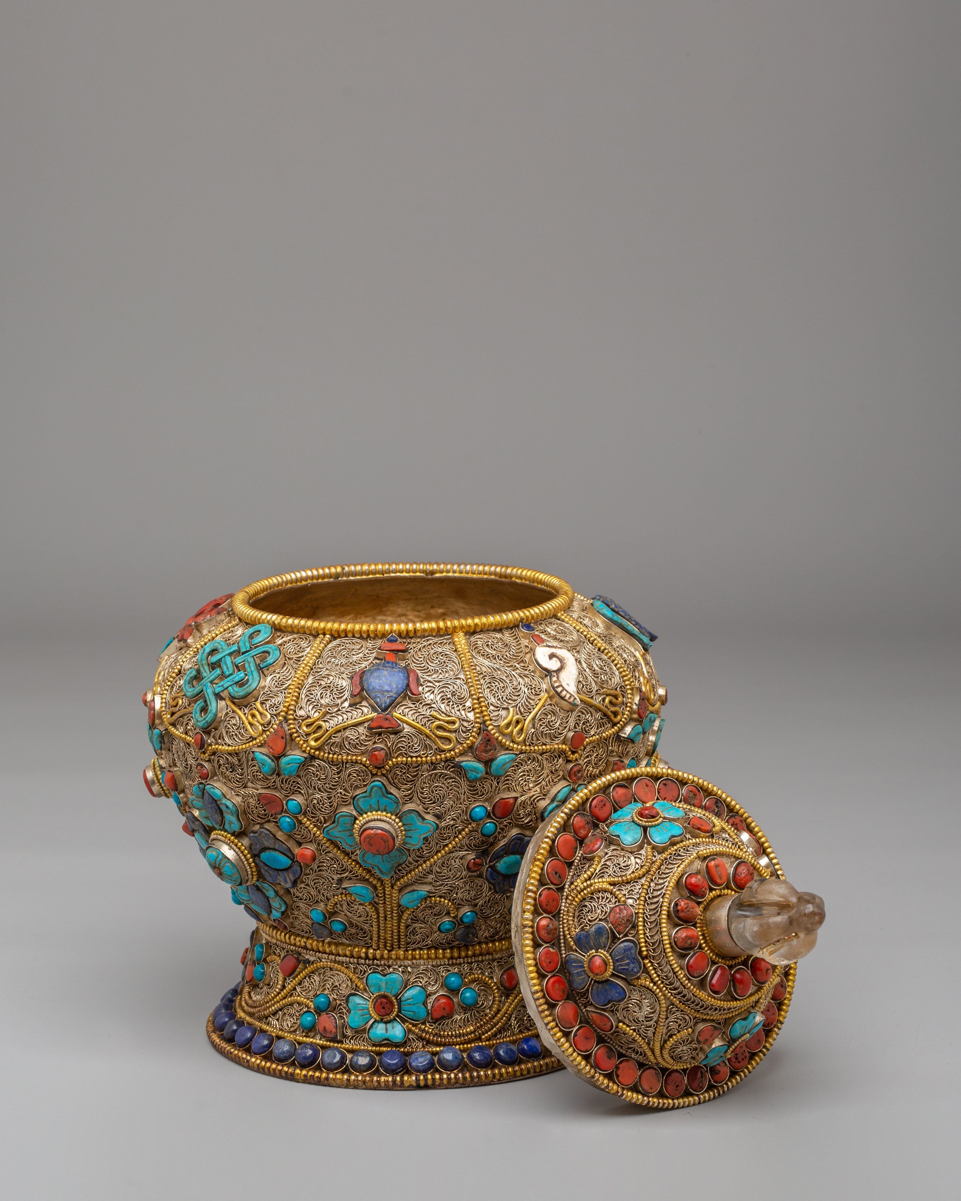 Traditional Offering Rice Pot | Filigree Silver Buddhist Vessel