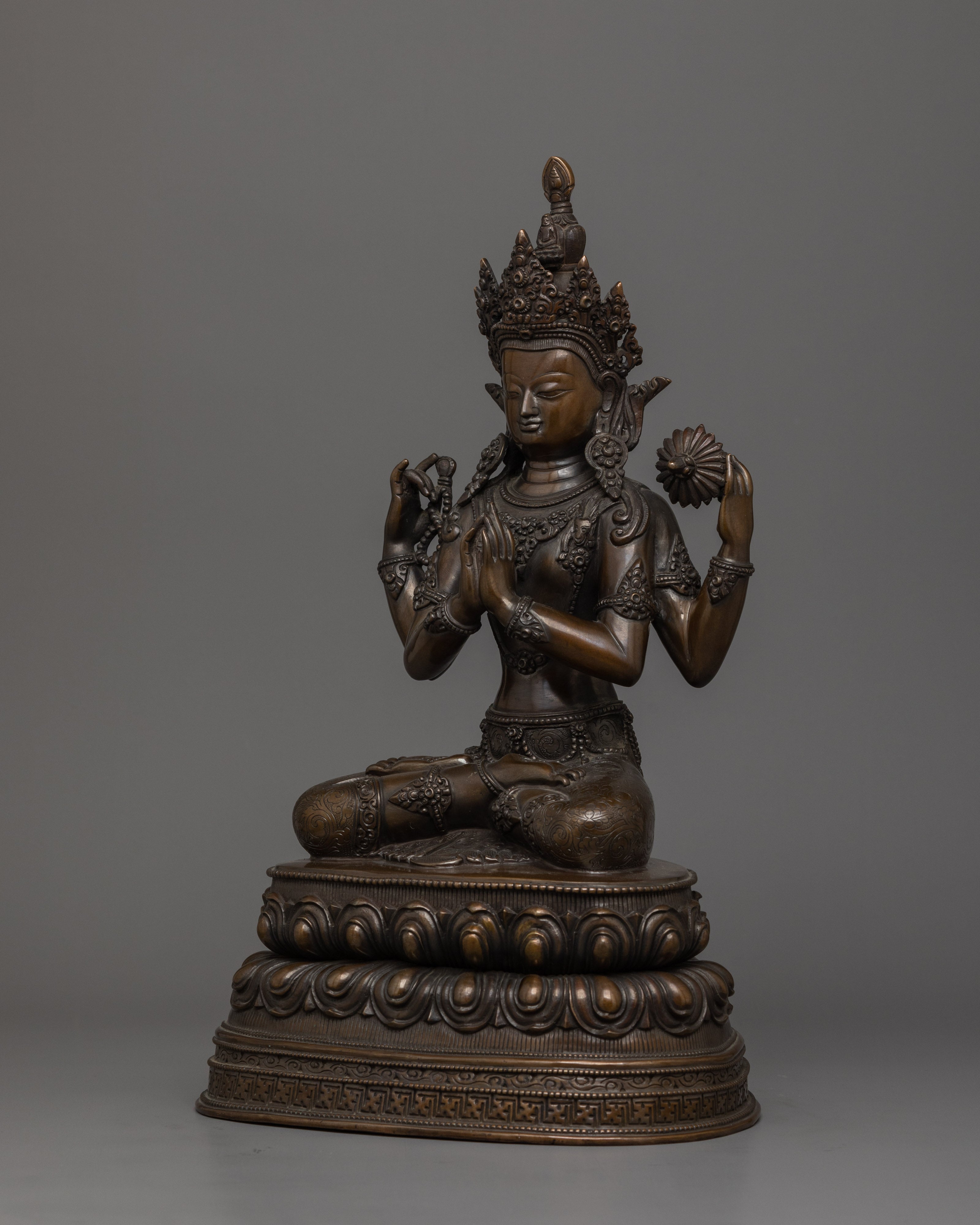 4 Armed Chenrezig with Oxidized Copper Body |  The Buddha of Infinite Compassion