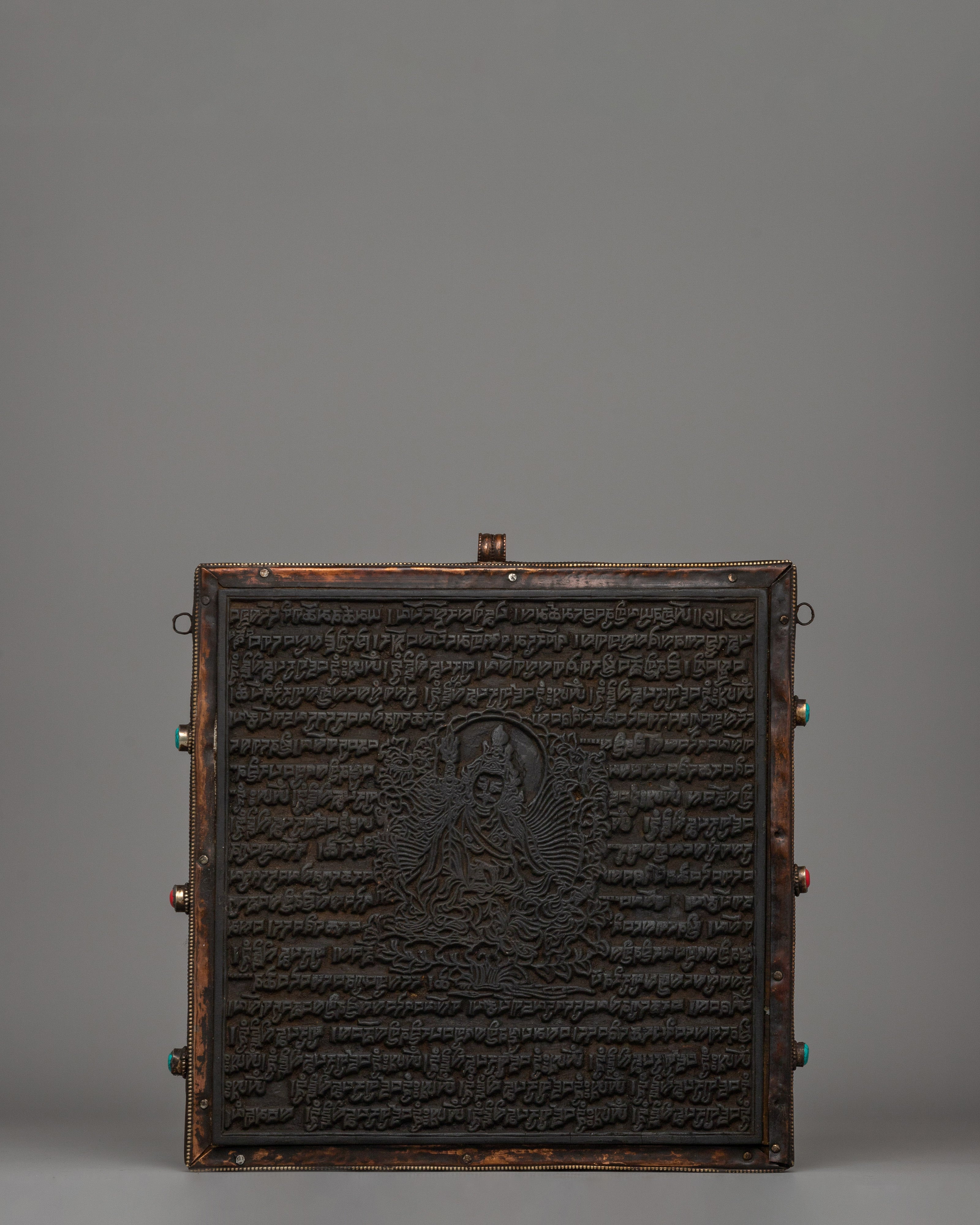 Hand-Carved Flag Stamp of Guru Rinpoche in Copper and Wood 