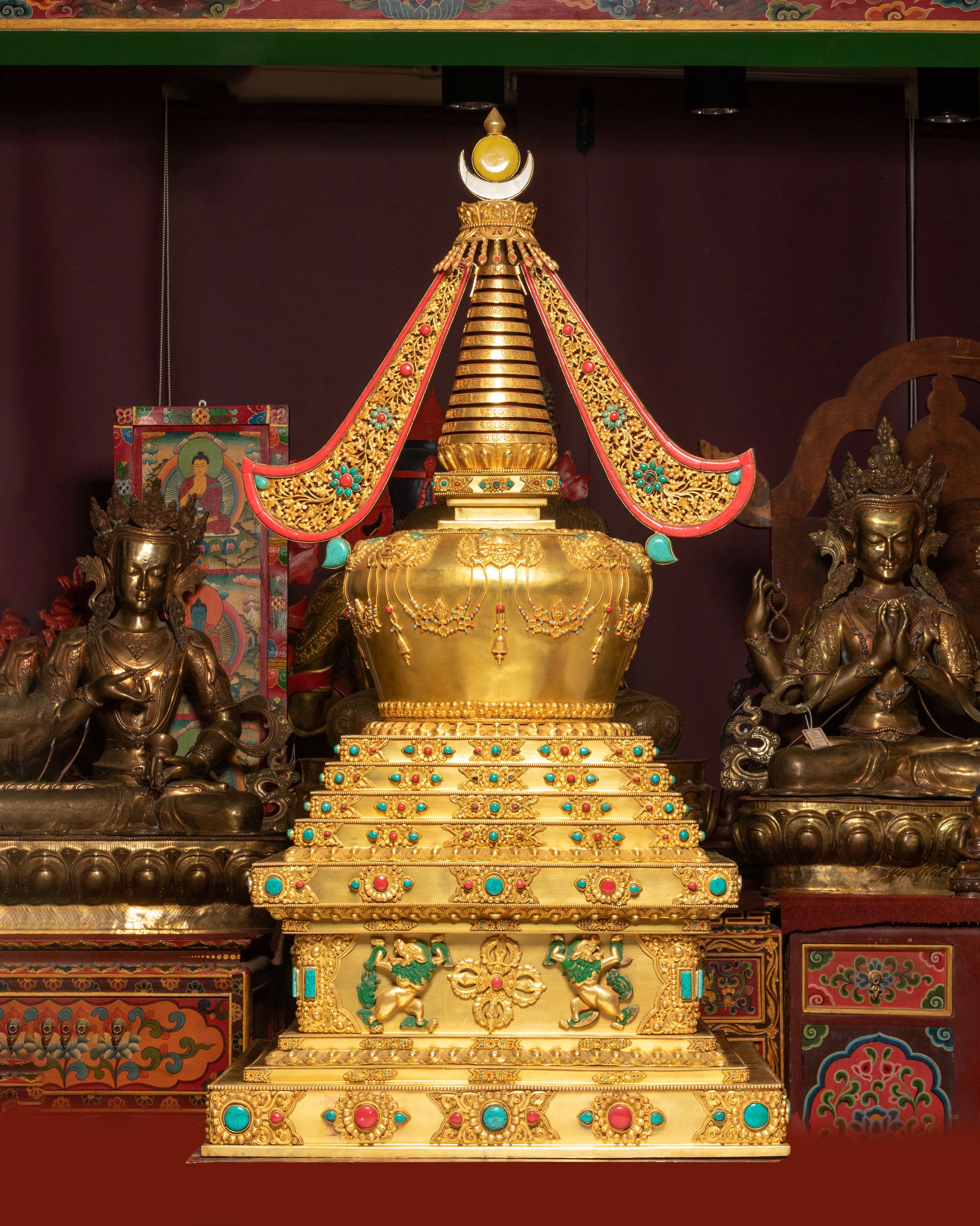 Sacred Buddhist Stupa for Altar | Gold-Plated Tibetan Stupa with Coral & Turquoise