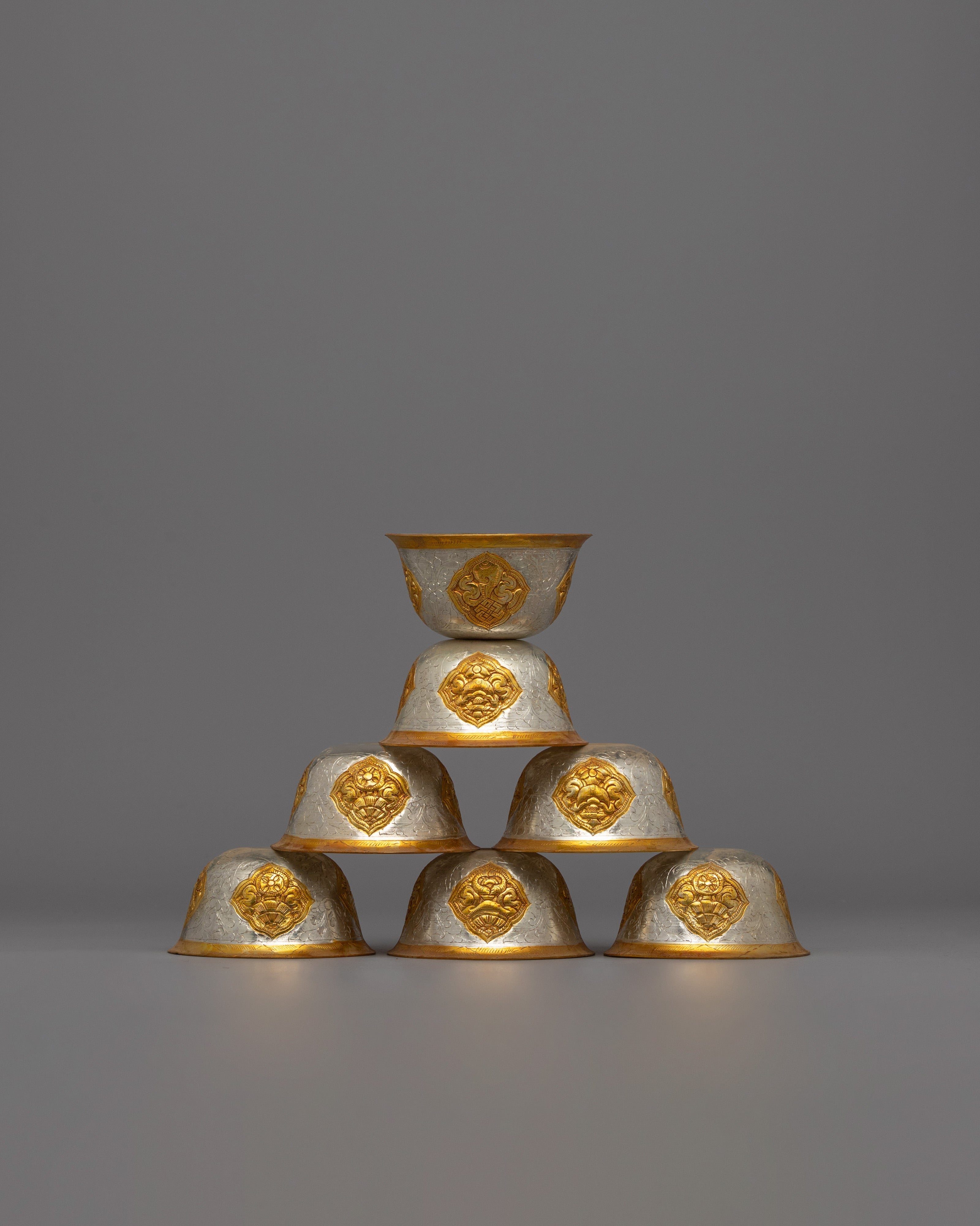 Sacred Tibetan Offering Bowl Set | Gold & Silver Plated Ritual Cups, Perfect for Altar Use