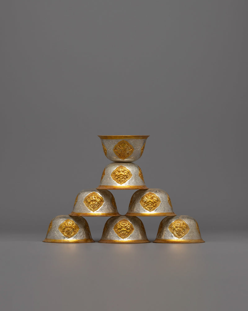 Sacred Tibetan Offering Bowl Set | Gold & Silver Plated Ritual Cups, Perfect for Altar Use