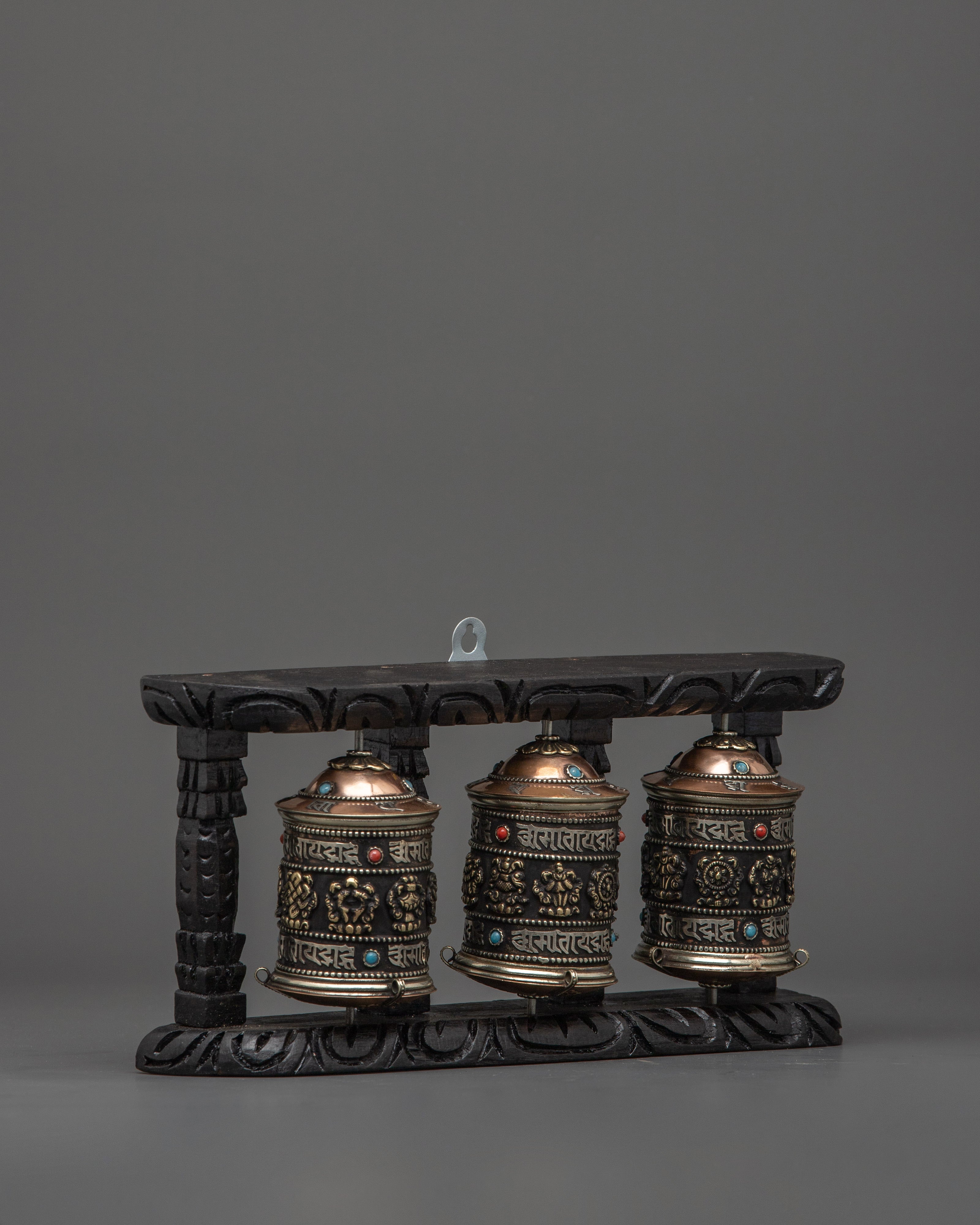 Triple Mantra Prayer Wheel Set | Sacred Mantra Spinners for Altar Decor