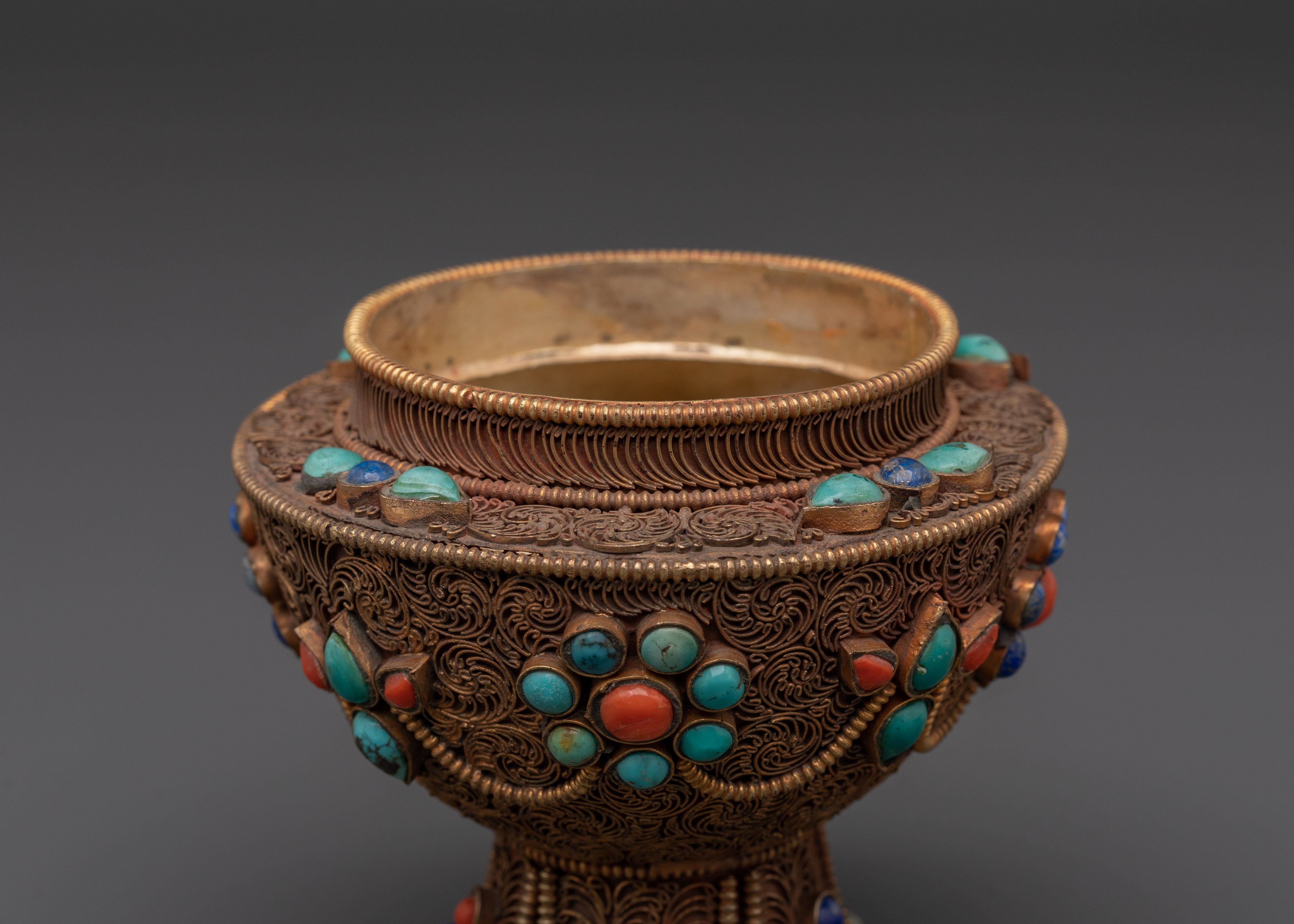 Handcrafted Tibetan Filigree Rice Pot | Copper Pot with Coral & Turquoise Inlays