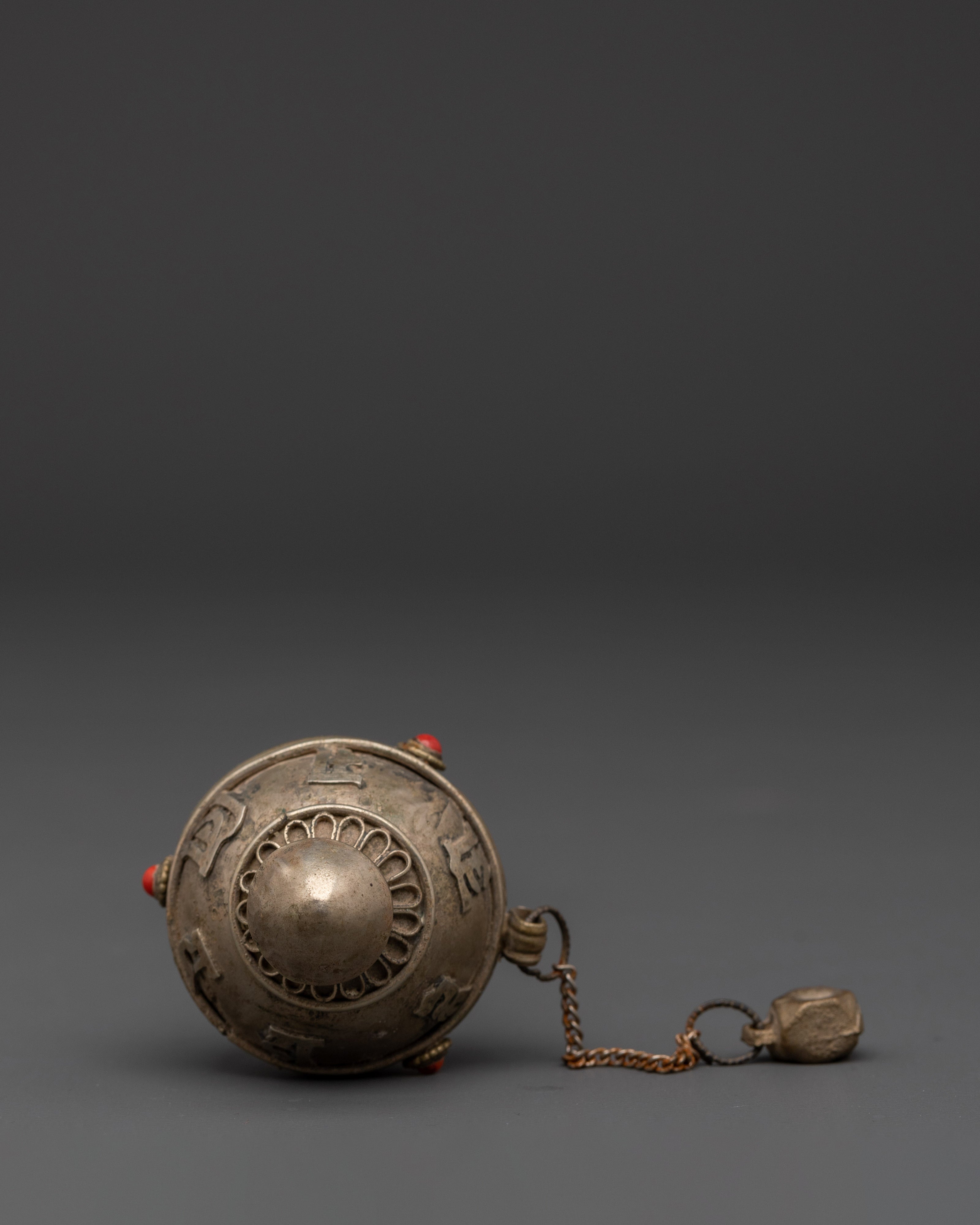 Handcrafted Buddhist Sacred Prayer Wheel | White Metal with Coral Inlays