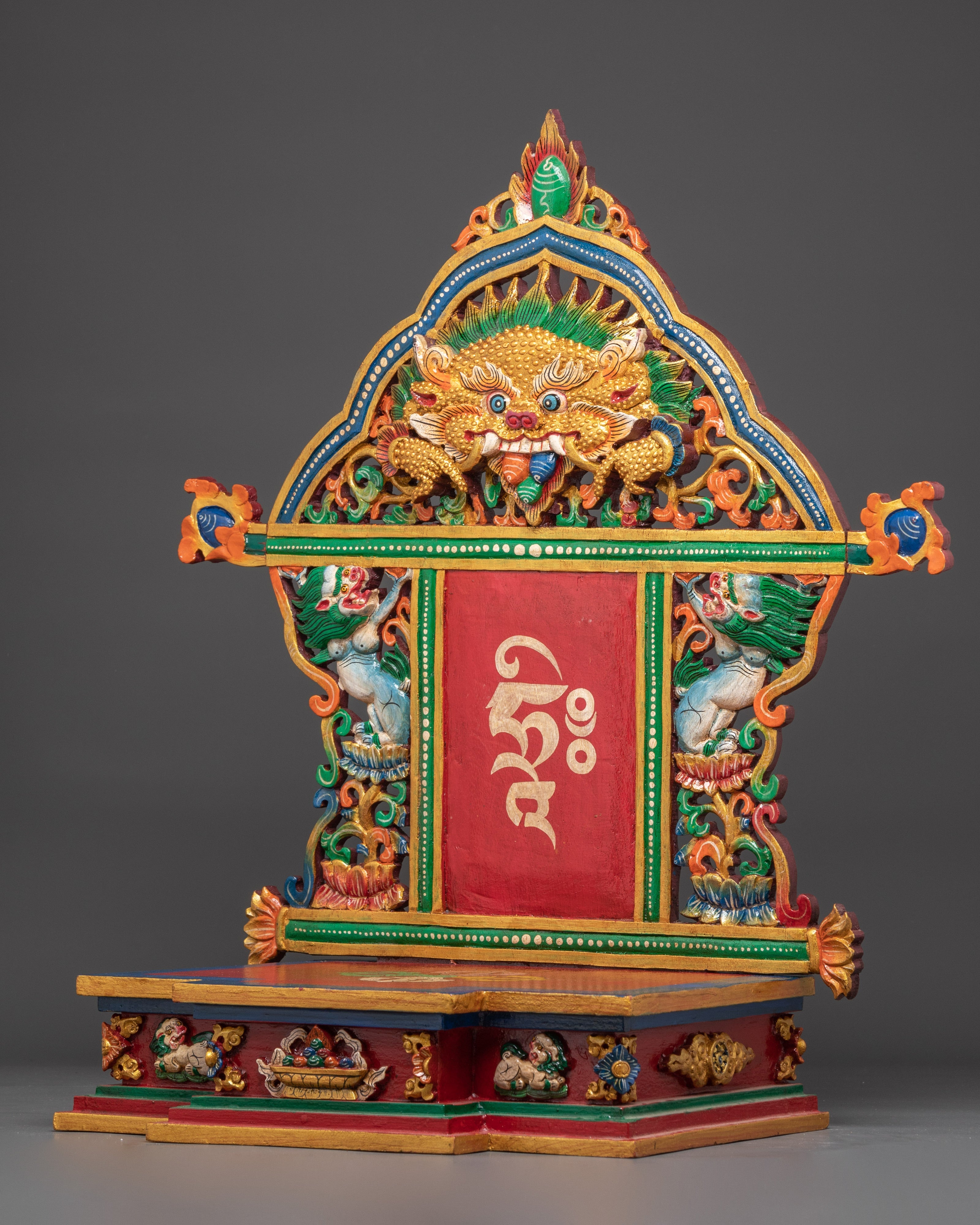 Spiritual Altar Throne with Tibetan Script | Handcrafted Buddhist Wooden Shrine