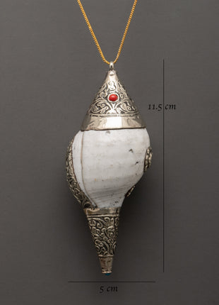 Spiritual Buddhist Conch Locket | Silver Plated Pendant with Coral Stone