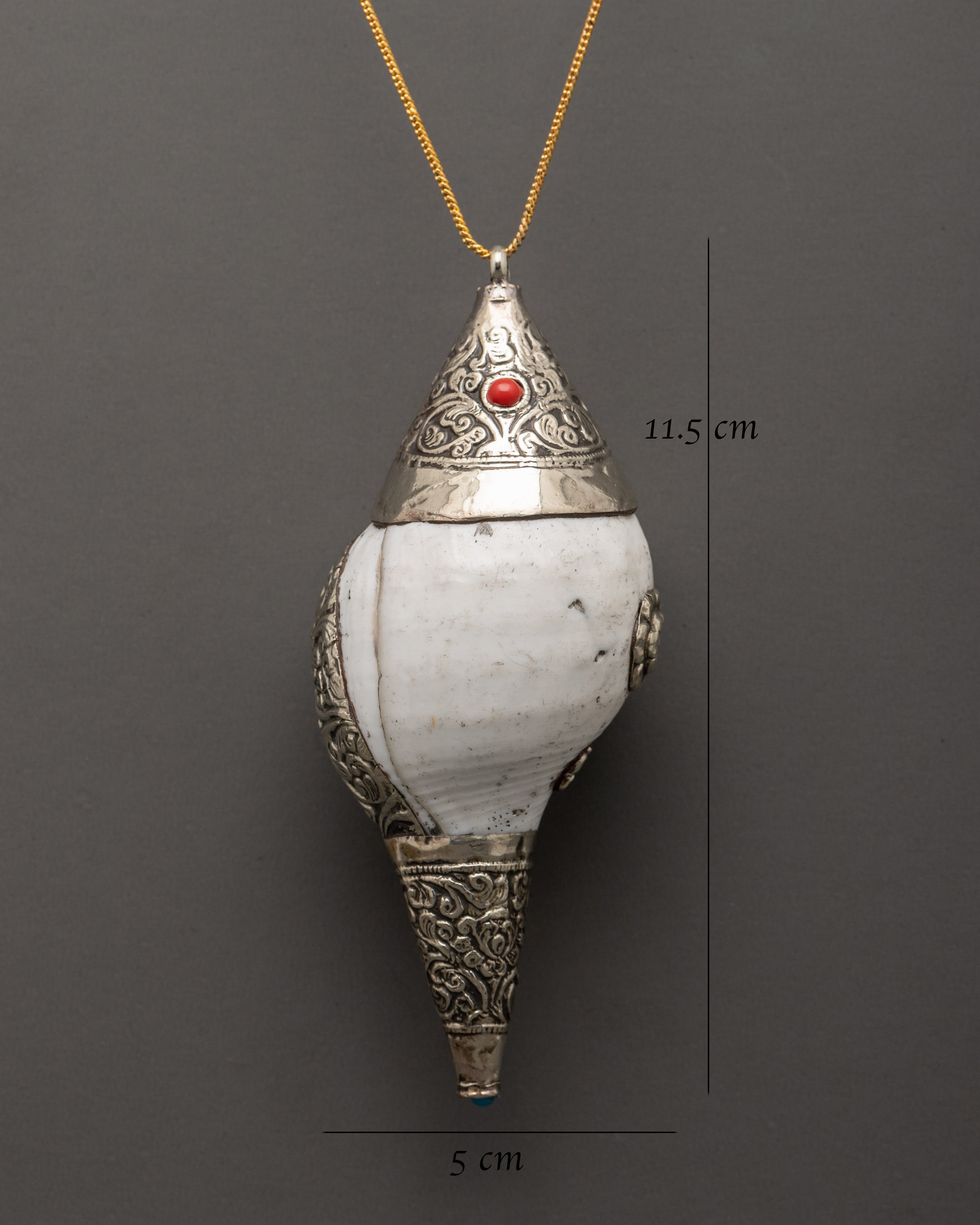 Spiritual Buddhist Conch Locket | Silver Plated Pendant with Coral Stone