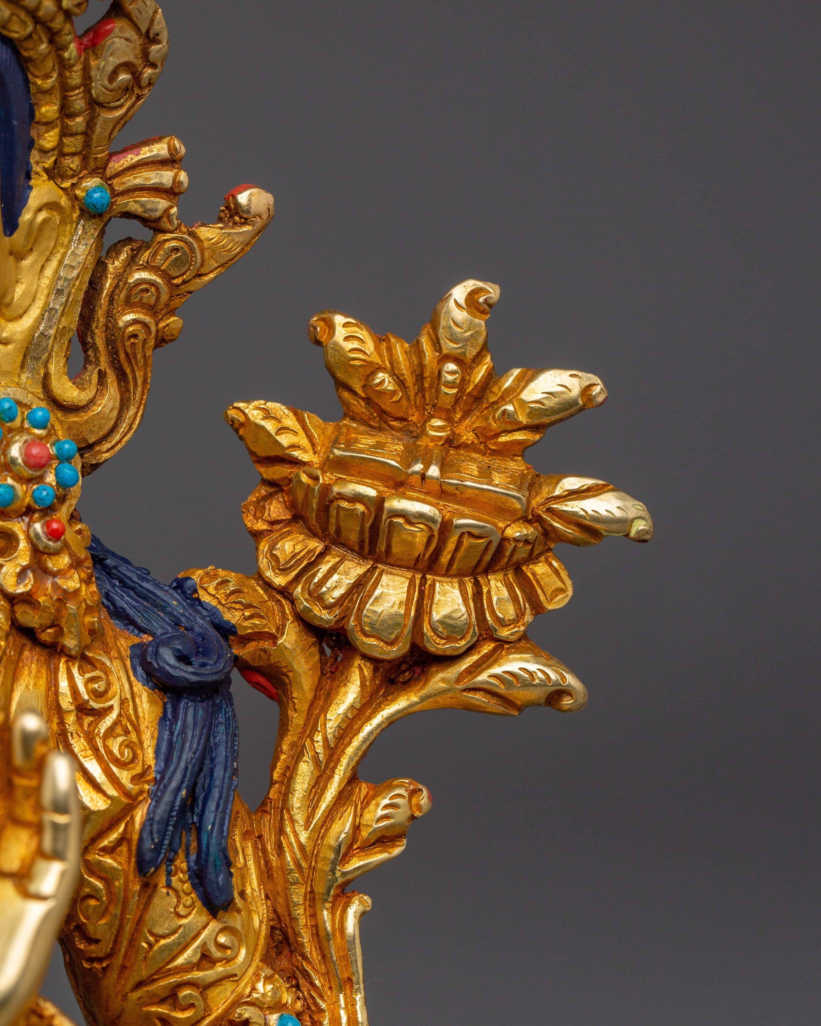 Tibetan Gold Gilded Manjushri Statue | Bodhisattva Deity with Gemstones and Copper Body