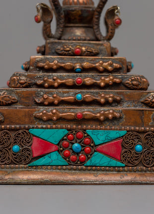Authentic Buddhist Stupa in Oxidized Copper | Sacred Sculpture for Peace and Harmony